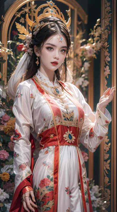 portrait of a beautiful 20 year old holy woman, wearing a thin multicolored silk dress, beautiful face without blemishes, ((natural smile:0.3)), Mouth closed, ((7-color hair length:1.2)), big crown, hair brooch, hanfu dress, chinese ancient style, full bod...