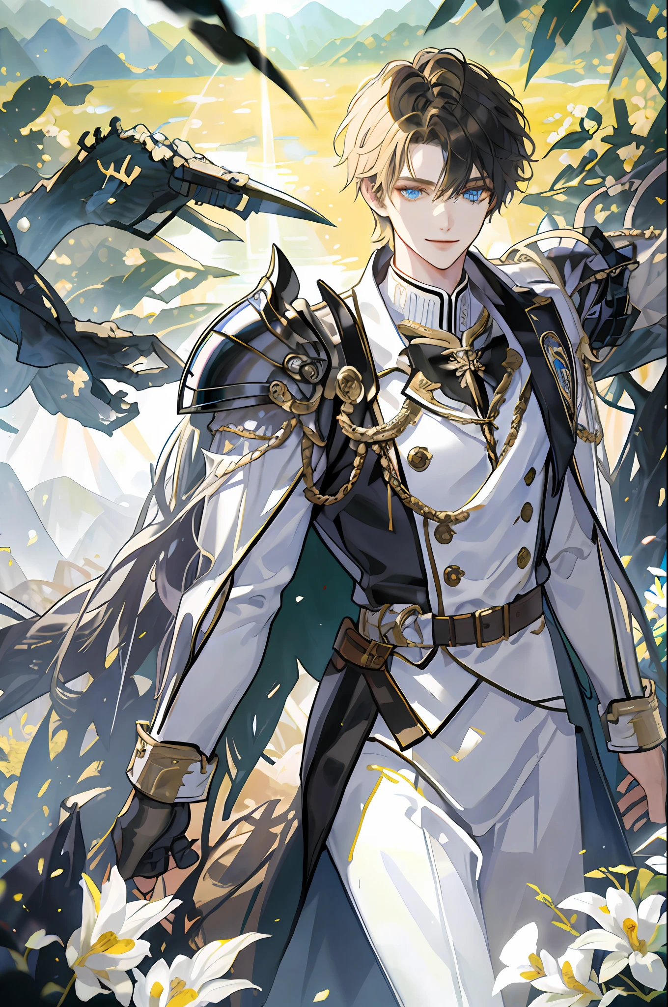 ((Masterpiece: 1.2, top quality)), ((2 men)), short blond hair, blue eyes (handsome: 1.4), white suit, uniform, royalty, tough black knight, short black hair, golden eyes, scar on right eye, black armor, fantasy, forest, blooming flowers, sunlight, fantastic light and shadow, landscape, highly detailed face, portrait, smile