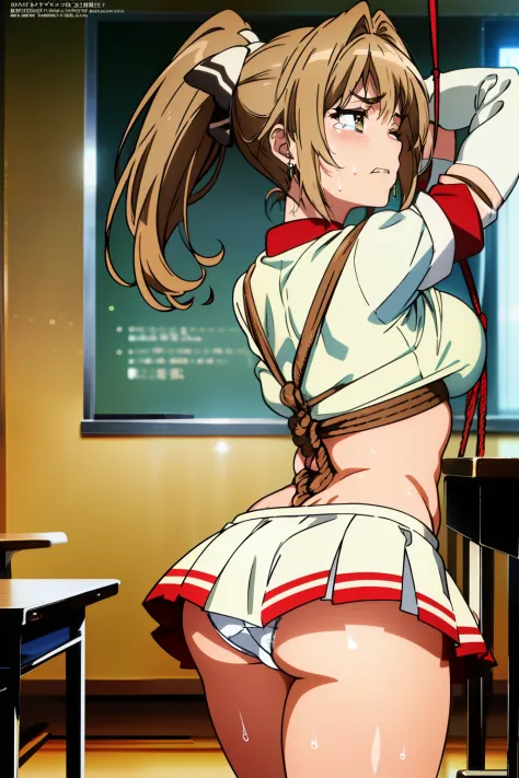 Sento Isuzu,cel anime,official art, (back shot,ass,butt up,back view,ass,butt up,from miniskirt,from behind:1.2),(thighs:1.1),back facing,show off panties from miniskirt, (ass view from miniskirt:1.3),(sweat skin:1.3),(day), classroom,(cute cheerleader uni...