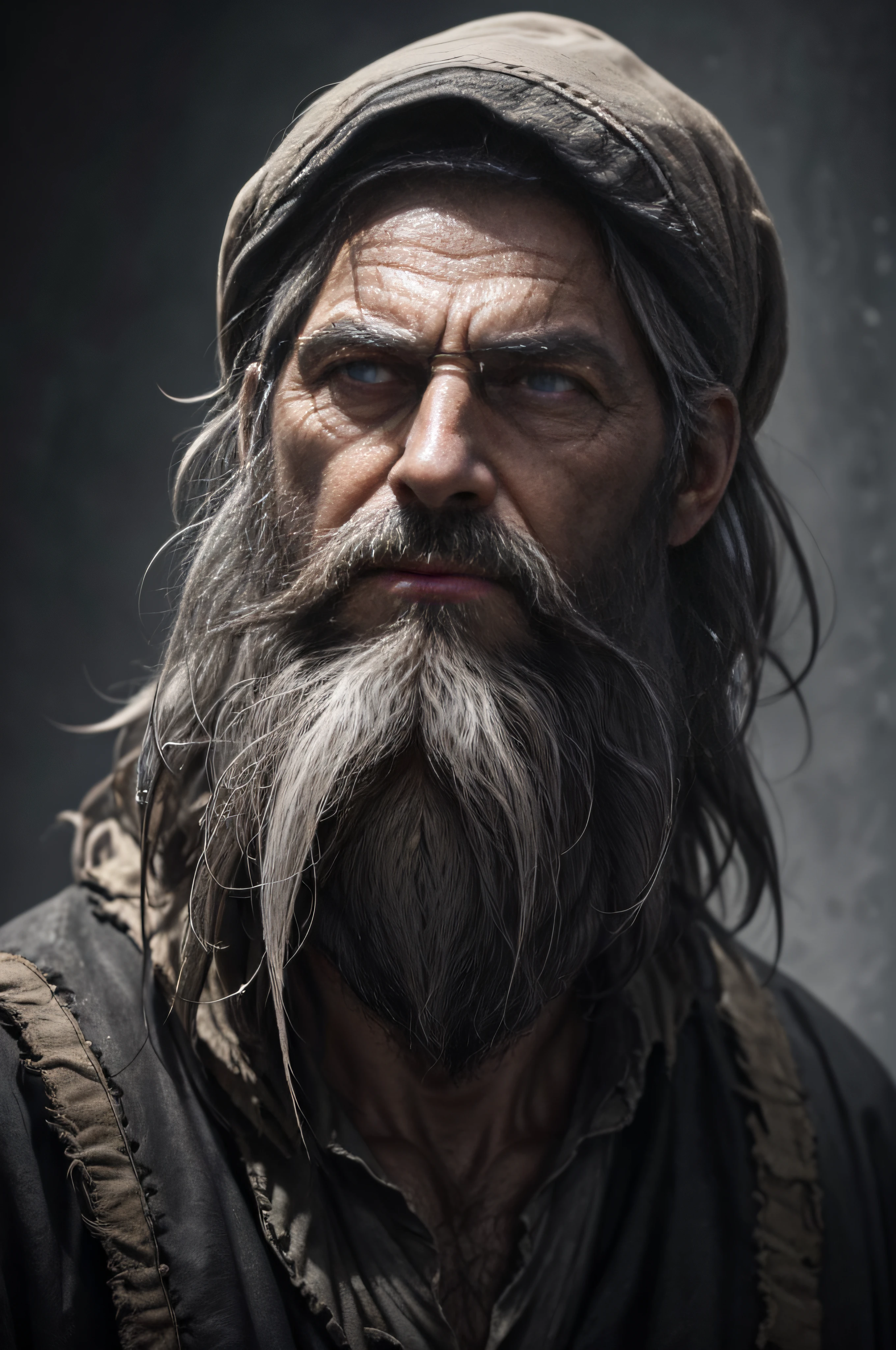 photo, old evil hermit, medieval, piercing_deep-set_eyes, wrinkled face, dark_stichted_cloak, (dramatic lighting:1.25), (shadowy background:1.2), (dirty_ unkempt_gray_hair:1.2), (long_shaggy_beard:1.3), (faded colors:1.1), (sharp focus:1.1), (shadows:1.2), (subtle HDR:1.3), (realistic skin texture:1.25), (detailed hair:1.2),  (gritty texture:1.1), (cinematic look:1.2), (powerful pose:1.3), (blush:0.5), (goosebumps:0.5), subsurface scattering, detailed_grey_eyes