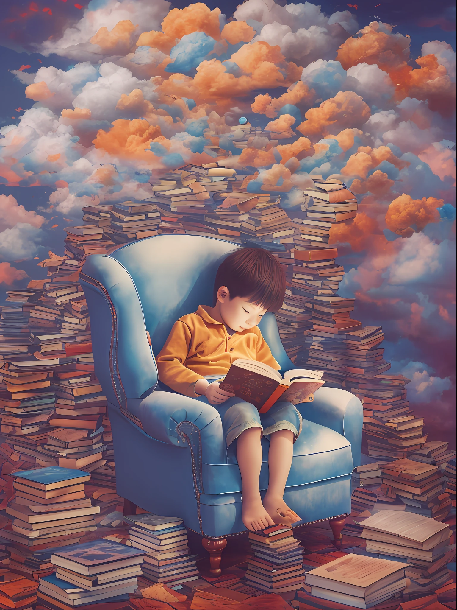 Ein KIND, Der Junge schläft in einem Sessel mit einem Buch in den Händen, eine Wolke aus bunten Träumen kommt aus seinem Kopf Surrealismus, von Hiromu Arakawa  --ar 4:5 50 --style raw, Luminismus, Retina, Strukturierte Haut, anatomisch korrekt, beste Qualität, preisgekrönt --s 2