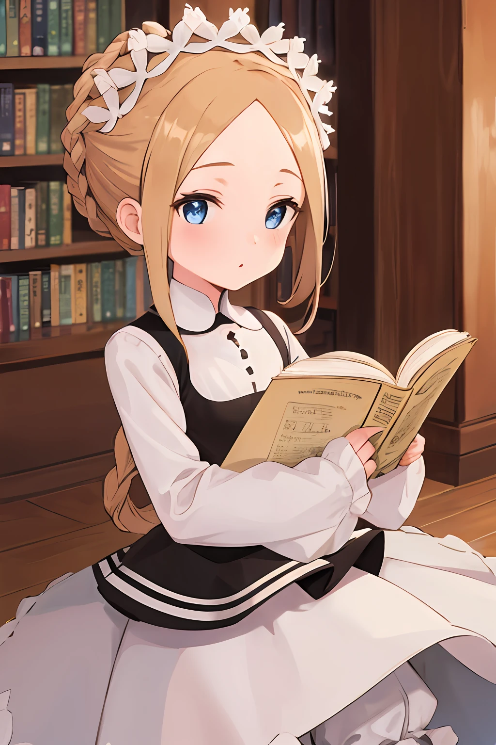 hmaw5, braid, maid headdress, maid, white shirt, bloomers, sleeves past wrists, library, reading