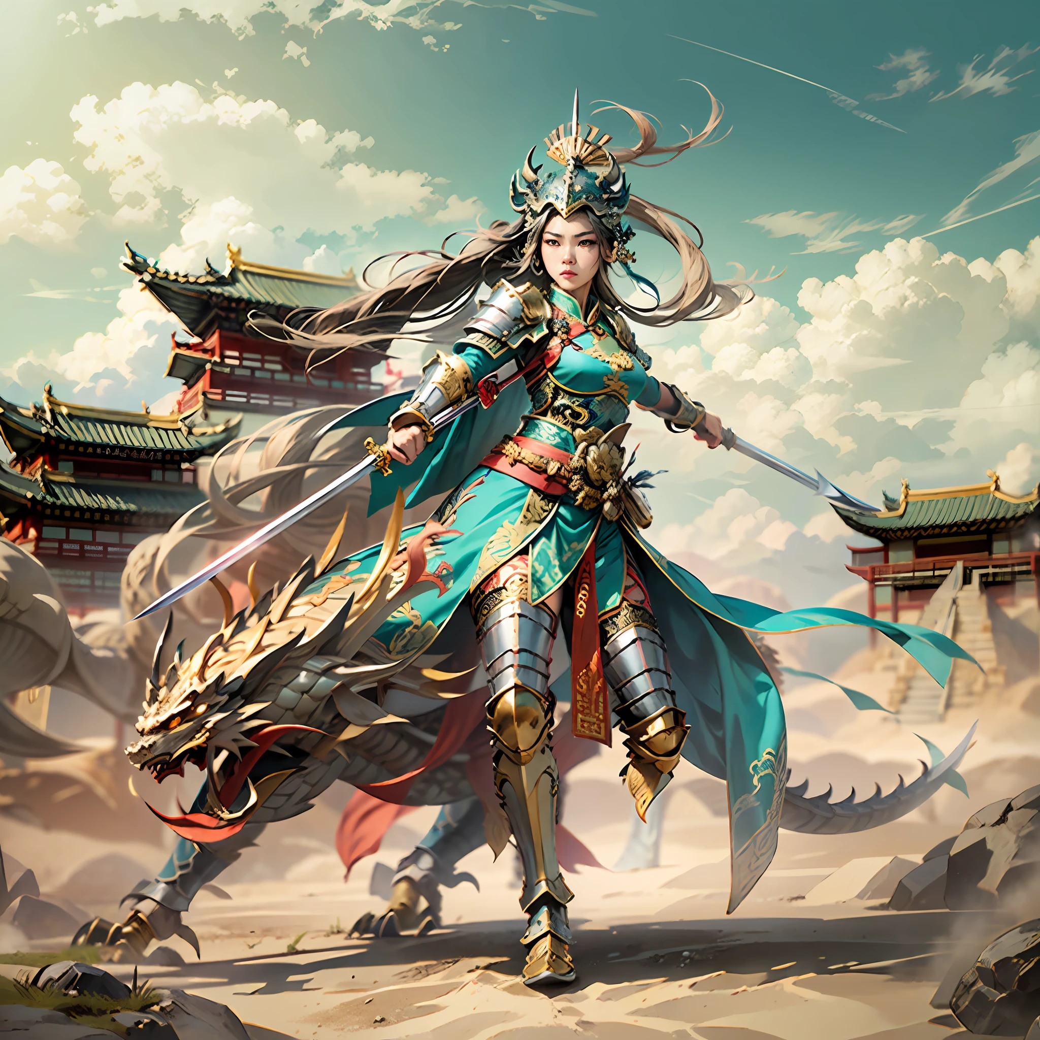 in a panoramic view，sportrait，photorealestic，Army style，China-style，Blue sky, White clouds and steppe，Beautiful Chinese female warrior，Gold glossy armor，Armed belts，Dragon helmet，Wear a Chinese sabre，Fang Tian drew a halberd，Before the ancient city of China，face to the viewer，Perfectcomposition，