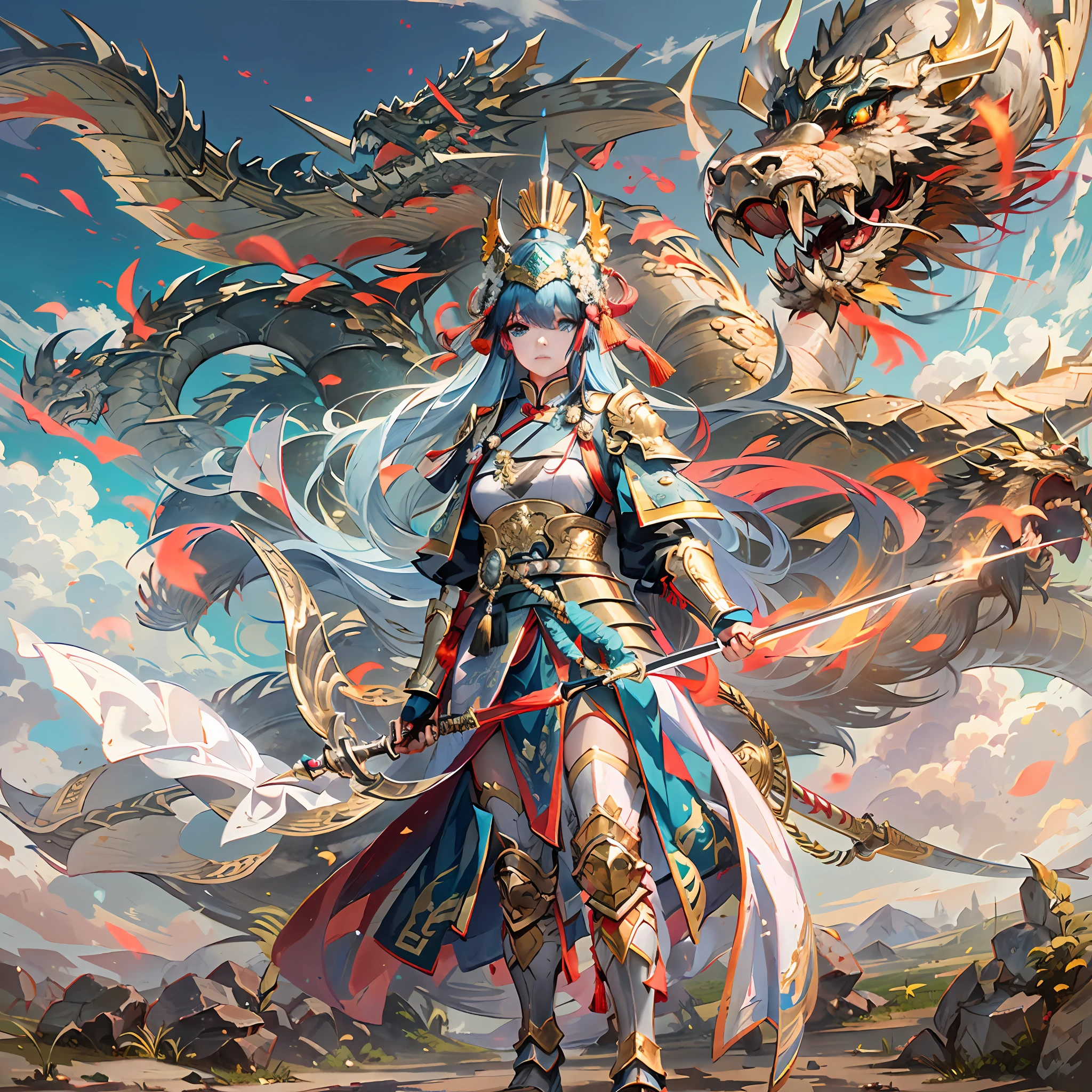 in a panoramic view，sportrait，photorealestic，Army style，China-style，Blue sky, White clouds and steppe，Beautiful Chinese female warrior，Gold glossy armor，Armed belts，Dragon helmet，Wear a Chinese sabre，Fang Tian drew a halberd，Before the ancient city of China，face to the viewer，Perfectcomposition，