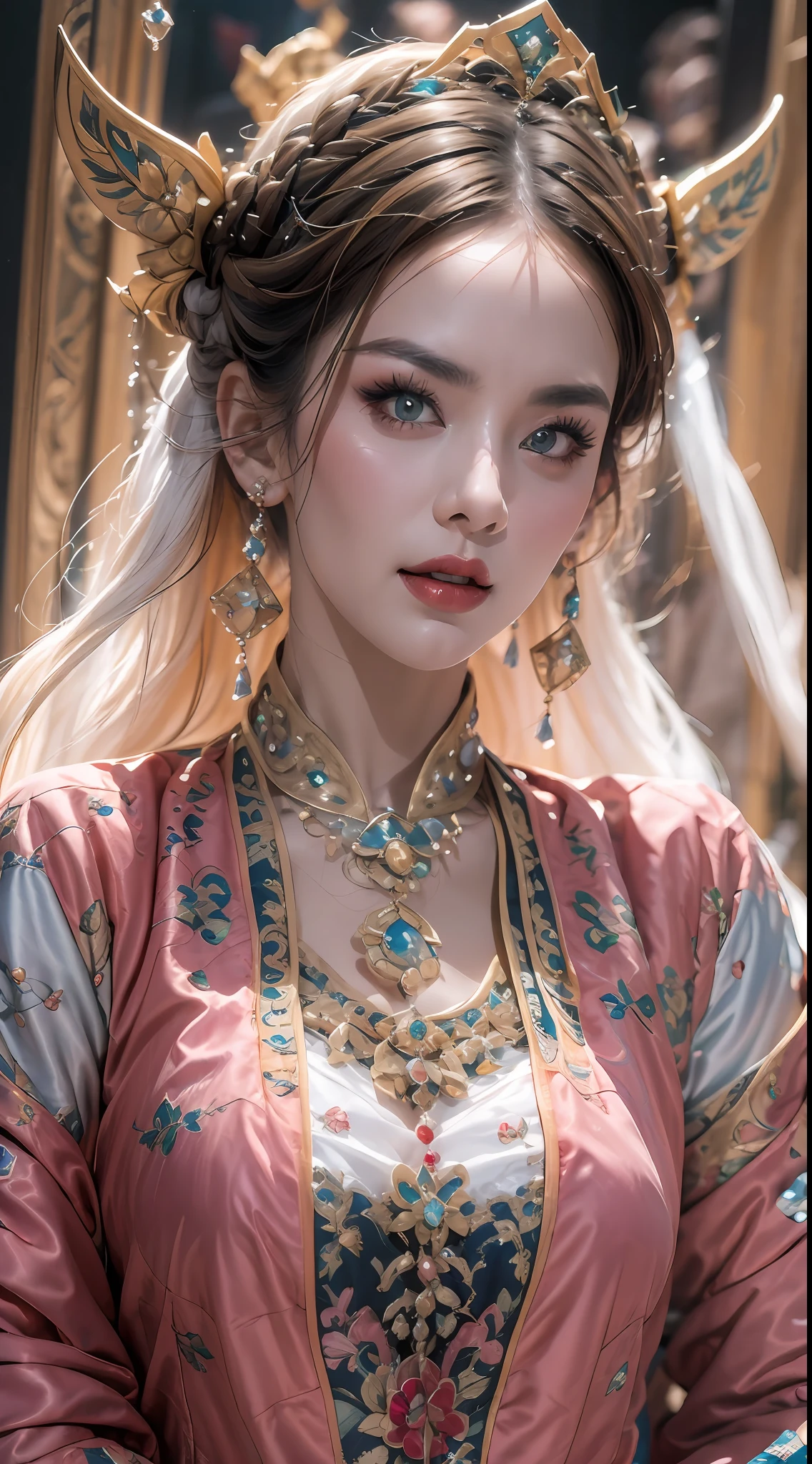 portrait of a beautiful 20 year old holy woman, wearing a thin multicolored silk dress, beautiful face without blemishes, ((natural smile:0.3)), Mouth closed, ((7-color hair length:1.2)), big crown, hair brooch, hanfu dress, chinese ancient style, full body jewelry, forehead tattoo, super even chest, face, red lips, delicate pink and white eyes (white and detailed) cinematic, light and dark, dramatic lighting, magical light, extremely detailed light, true color, super sharp, realistic, 8k quality, fantasy universe background, saints and magical space, the most detailed images, Exhibition photo, awarded, Eye-catching bright tone effect,