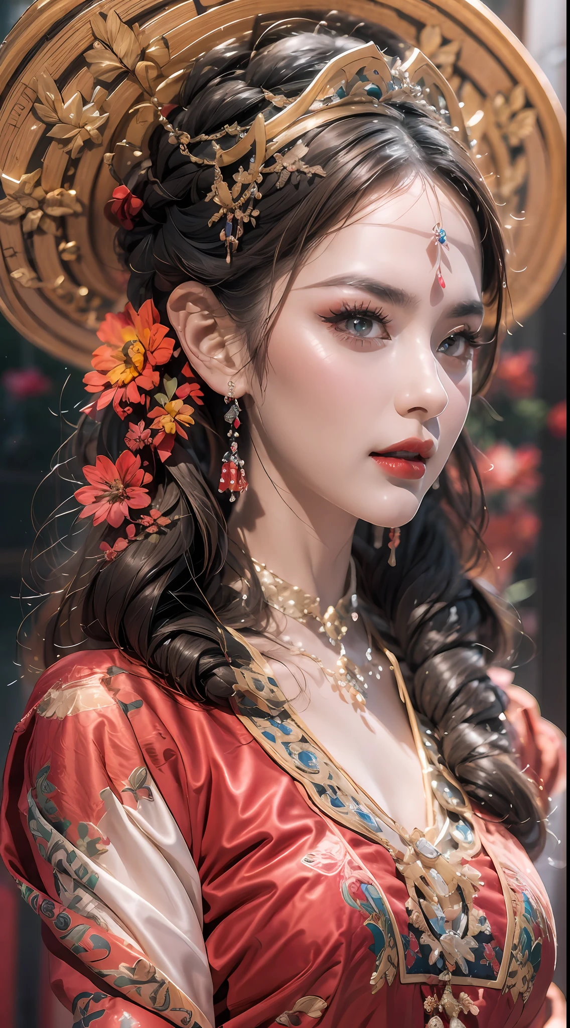 美しい20歳の聖女の肖像画, 薄い多色のシルクのドレスを着て, beautiful 顔 without blemishes, ((自然な笑顔:0.3)), 口を閉じた, ((7色の髪の長さ:1.2)), 大きな王冠, ヘアブローチ, 漢服ドレス, 中国古代スタイル, 全身ジュエリー, 額のタトゥー, 非常に均一な胸, 顔, 赤い唇, 繊細なピンクと白の目 (白くて細かい) 映画のような, 光と闇, ドラマチックな照明, 魔法の光, 非常に詳細な光, 天然色, 超シャープ, 現実的, 8K品質, ファンタジー宇宙の背景, 聖人と魔法の空間, 最も詳細な画像, 展示会写真, 受賞, 目を引く明るいトーン効果,