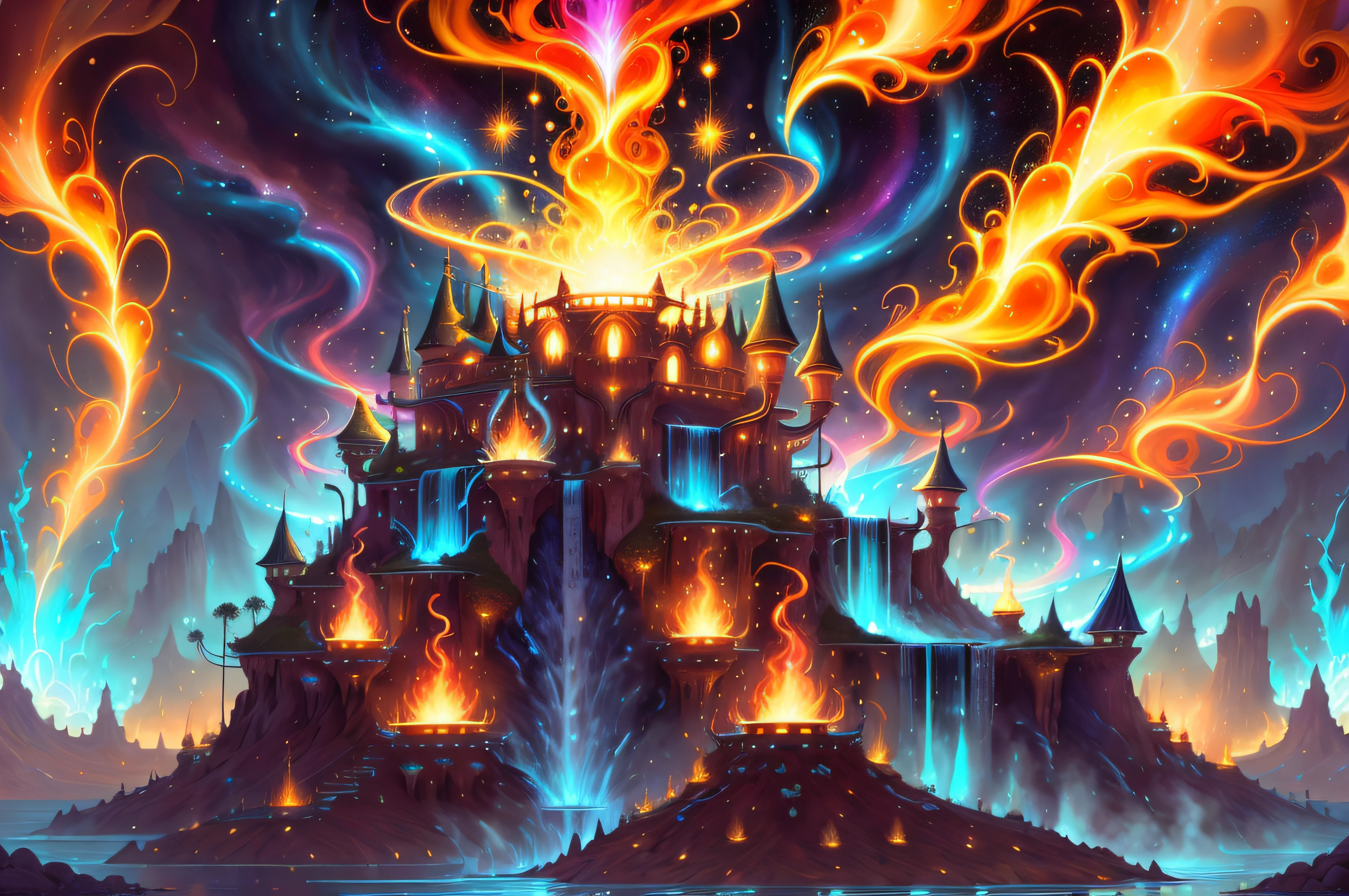 (high quality, highres, ultra-detailed), mesmerizing and otherworldly landscape of the legendary Everstorm Citadel, an arcane fortress floating in the midst of a swirling vortex of elemental magic and power, a kaleidoscope of vibrant colors, pulsating energy, and intricate patterns of fire and lightning, that shift and transform in a breathtaking display of visual artistry, towering structure of pure elemental energy, surrounded by arcane symbols and mystical sigils that resonate with arcane power, (kaleidoscope of colors), (elemental magic), (intricate patterns), by larry elmore, by clyde caldwell, blender, unreal engine Torrents of water cascade down crystalline cliffs, forming cascades of iridescent waterfalls that shimmer and refract the light. Fiery geysers erupt from the ground, sending plumes of scorching flames high into the air, casting an intense radiance upon the surroundings, Gusts of wind whip through the landscape creating ethereal whirlwinds, masterpiece, absurdres, high details, intricate, ultrasharp focus,  IceMagicAI, fireMagicAI, LightningMagicAI,