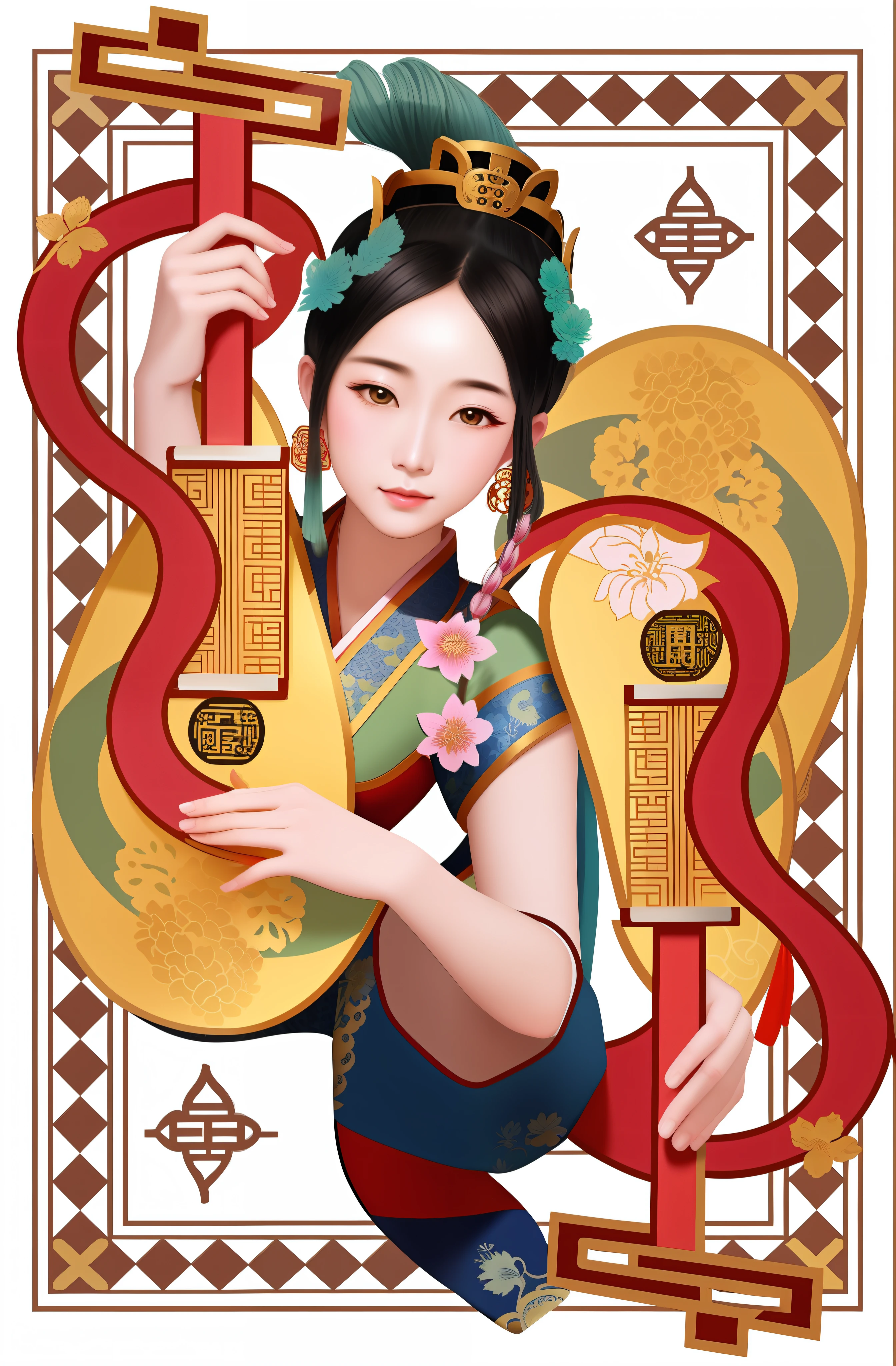 Super fine illustration of ancient Chinese queen playing musical instrument with snake，Received by Utagawa International II、Inspired by the design of Utagawa Kuniyoshi III Wakagawa Kunisaku as well as Gao Kegong and Wang Yi。