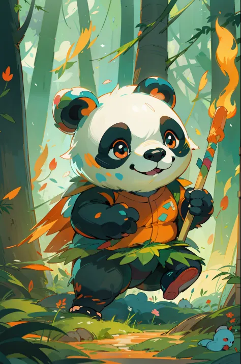 panda bear holding a fire stick in the forest, panda running, sports coat，cute panda, lovely digital painting, game illustration...