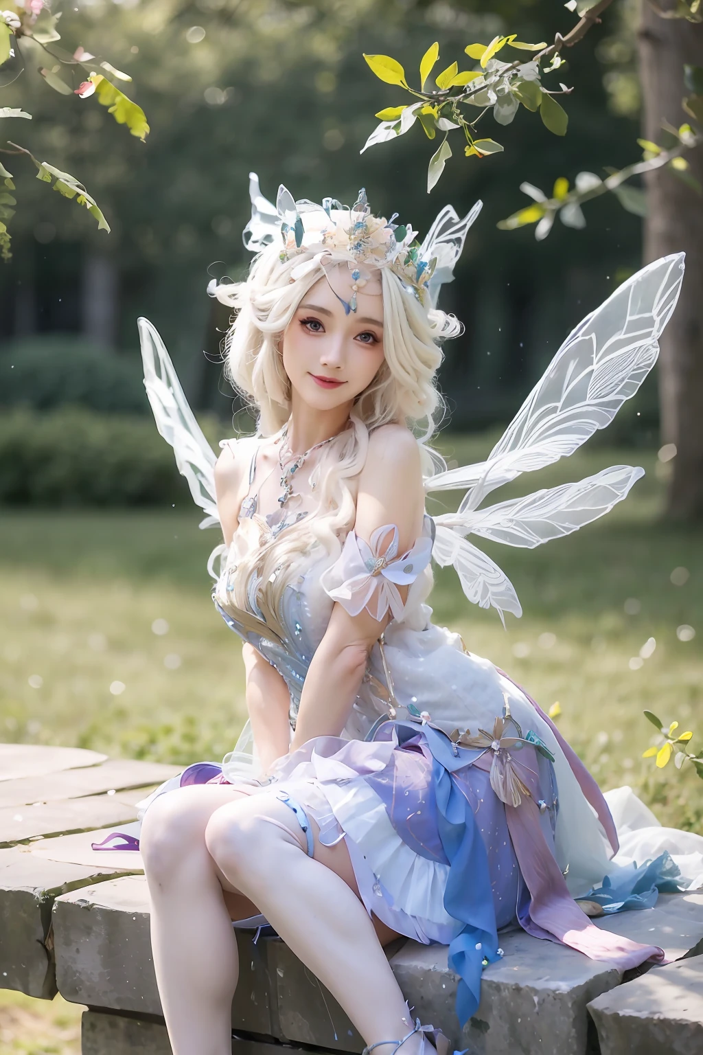 there is a woman sitting on a bench with a fairy costume, anime cosplay, anime girl cosplay, smiling as a queen of fairies, portrait of a fairy, beautiful fairy, forest fairy, fairycore, faerie, beautiful fairie, beautiful adult fairy, ornate cosplay, portrait of fairy, astral fairy, queen of the fairies, cosplay, cosplay photo