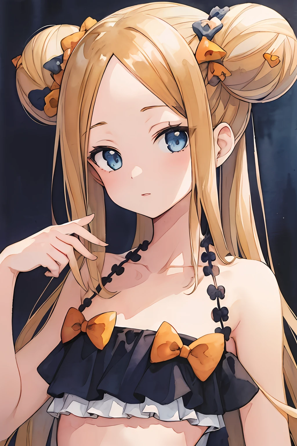 (masterpiece, top quality, best quality,watercolor (medium),official art, beautiful and aesthetic:1.2),(1girl:1.3), hmaw4, long hair, double bun, black bikini, collarbone, milktea