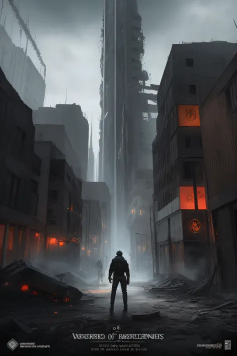 Visual novel poster "Apocalypse of the Ancients," A post-apocalyptic story. The poster should feature Alex, Young protagonist, with (short, Messy) Brown hair and (Piercing, Determined) Blue eyes. Posters should convey the dark and dangerous world of post-a...