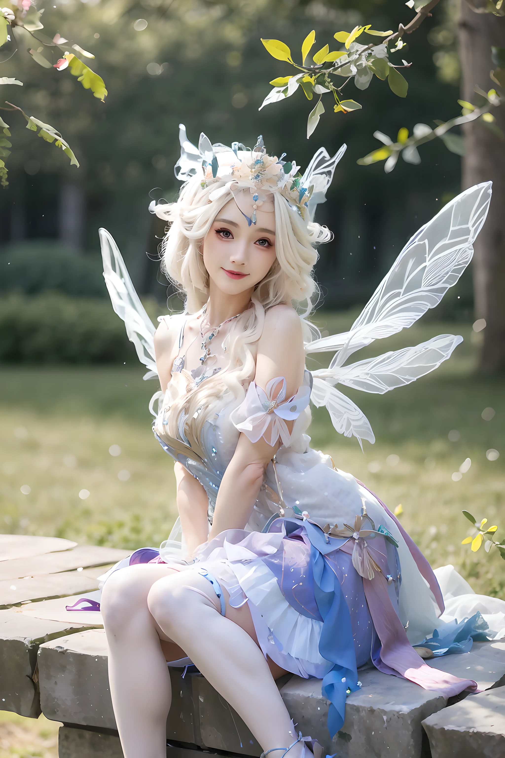 there is a woman sitting on a bench with a fairy costume, anime cosplay, anime girl cosplay, smiling as a queen of fairies, portrait of a fairy, beautiful fairy, forest fairy, fairycore, faerie, beautiful fairie, beautiful adult fairy, ornate cosplay, portrait of fairy, astral fairy, queen of the fairies, cosplay, cosplay photo