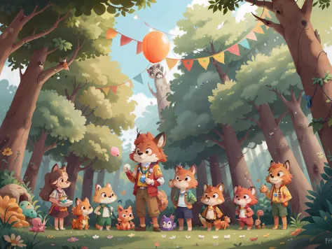 Critters，various animals，sika deer，pussycat，red fox，monkeys，elephants，Ponyta，Standing on the podium，Holding colorful flags，Sky flowers and balloons，Animation style。k hd，Meet in the forest，Chengdu Universiade，Various sports。sport，sport，The animals have meda...