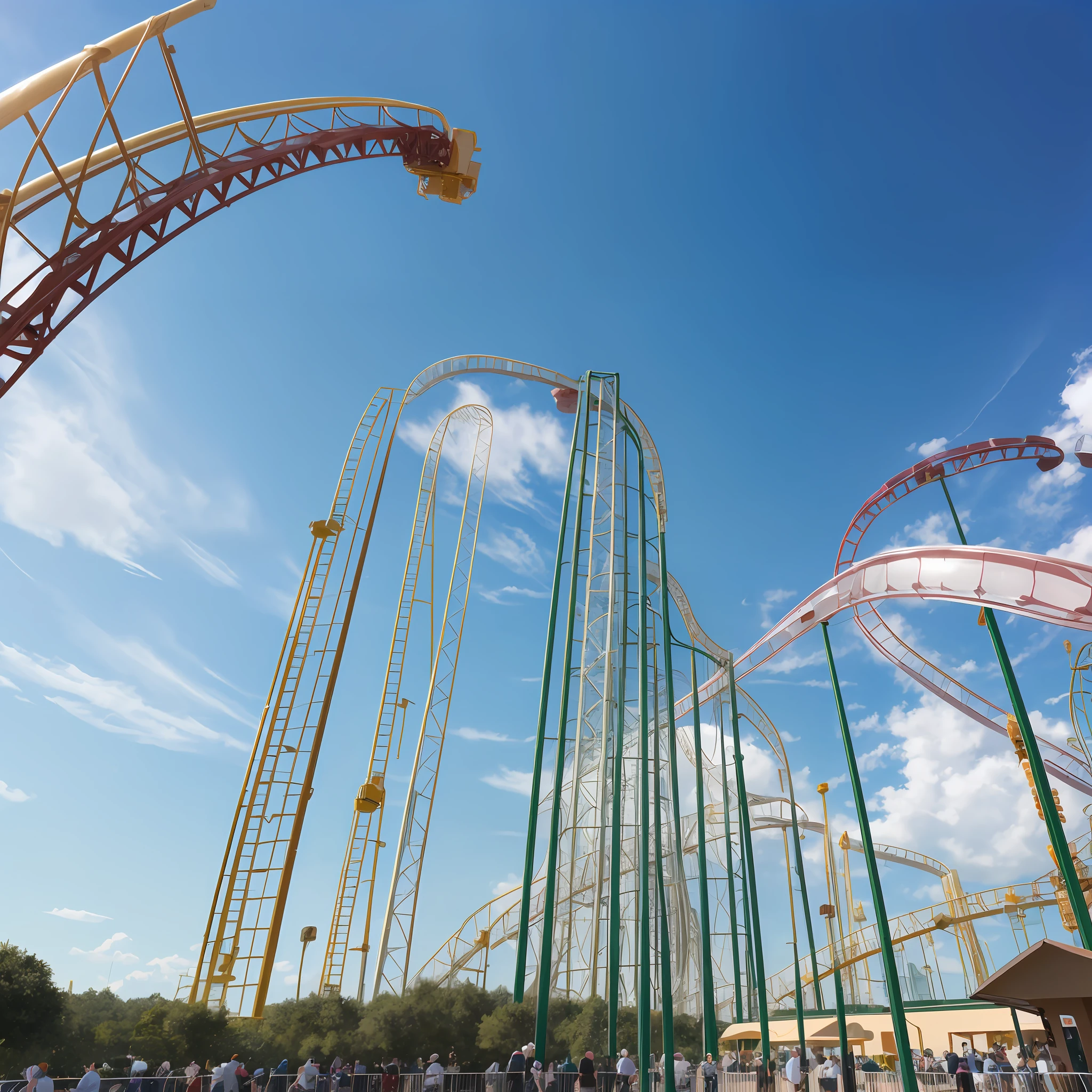 Araffe roller coasters in a park with a blue sky and clouds - SeaArt AI