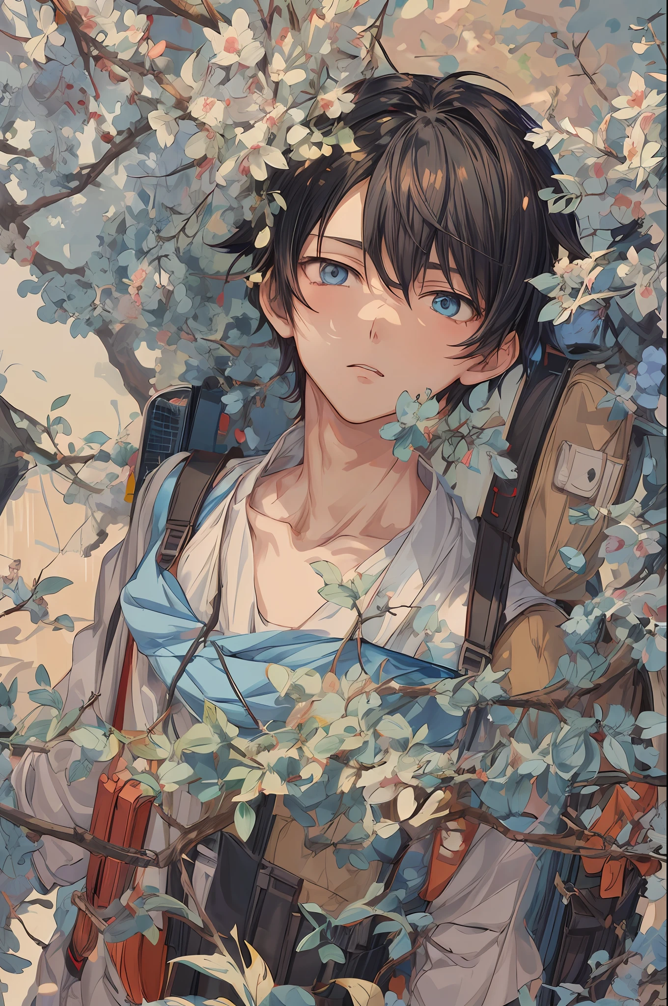 anime boy with backpack and backpack in a tree, anime aesthetic, tall anime guy with blue eyes, anime asthetic, artwork in the style of guweiz, aesthetic award winning anime, clean detailed anime art, inspired by Bian Shoumin, anime boy, makoto shinkai art style, young anime man, beautiful anime portrait, handsome anime pose