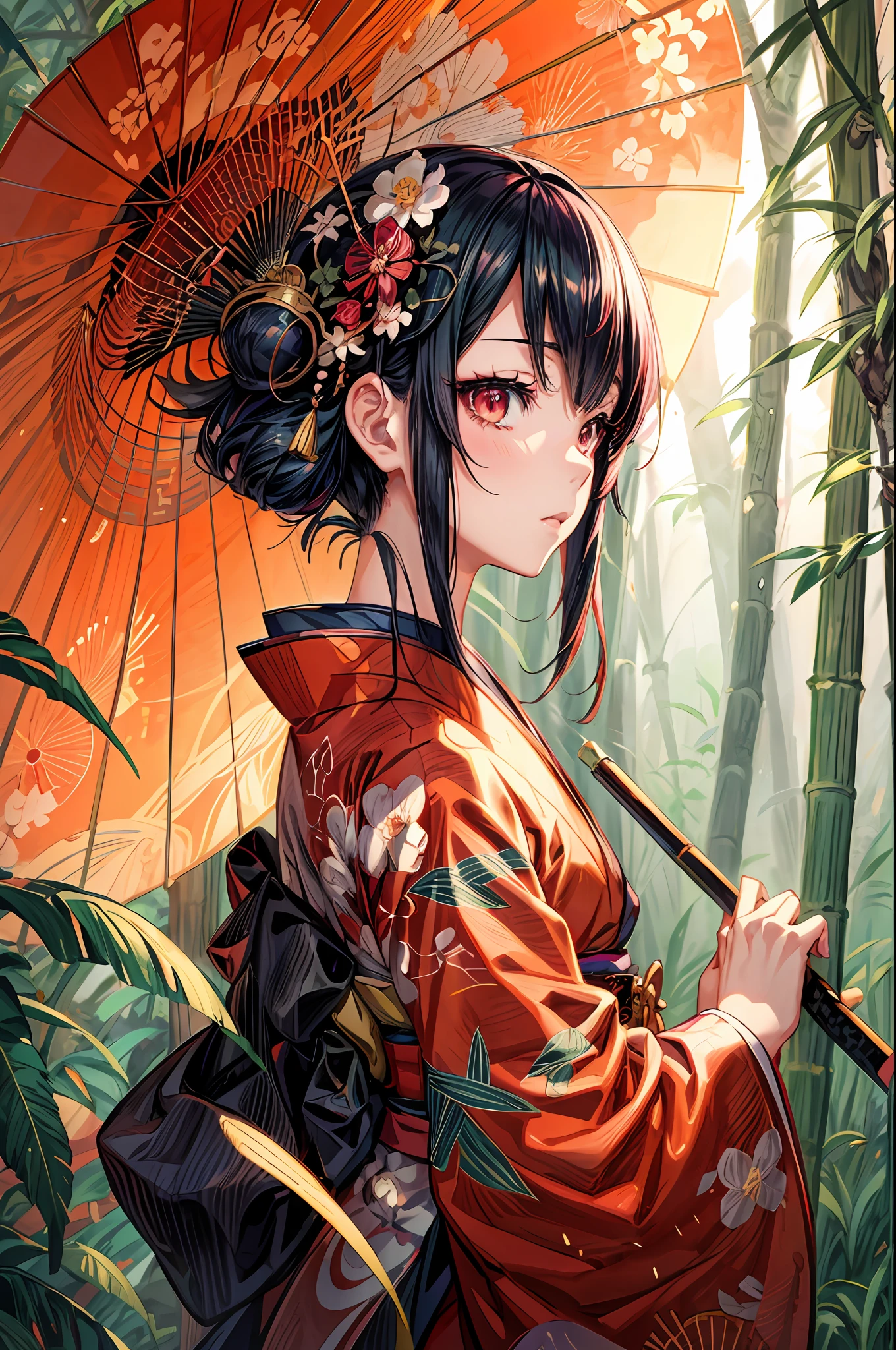 anime boy en tenue kimono tenant un parapluie dans une forêt de bambous, Style artistique japonais, art d&#39;anime détaillé et propre, beau portrait animé, oeuvre d&#39;art dans le style de guweiz, bel art animéwork, style animé 4K, guweiz, Art animé numérique détaillé, fond d&#39;écran animé 4k, fond d&#39;écran d&#39;art animé 4k, bel art animé, Illustration animée