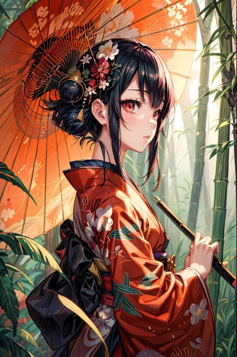 anime boy in kimono outfit holding an umbrella in a bamboo forest, japanese art style, clean detailed anime art, beautiful anime...
