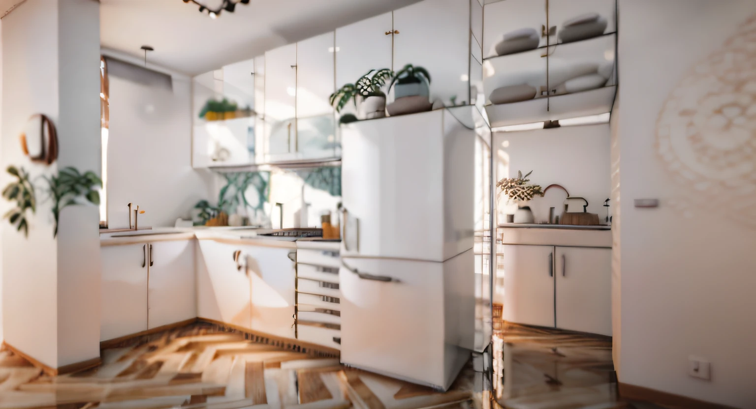 Kitchen renderings,Nordic style， There is a sink on the countertop on the right，There is one in the center of the picture（refrigerator），There is a cooking station on the left side of the refrigerator，The rear space on the right is the washbasin in the washroom，containing tables and walls, strong ambient occlusion, white space in middle, ambient reflective occlusion, ambient occlusion render, randomly segmented rooms, Environmental occlusion, ambient occlusion render, 3D