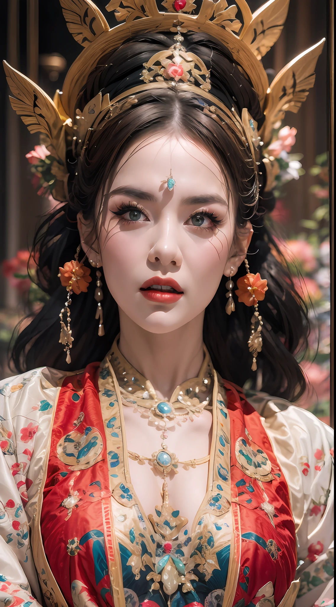 一位 20 岁的美丽圣女的肖像, 穿着一件薄薄的彩色丝绸连衣裙, beautiful 脸 without blemishes, ((自然的微笑:0.3)), 嘴巴闭合, ((7色头发长度:1.2)), 大皇冠, 发饰, 汉服, 中国古风, 全身首饰, 额头纹身, 超均匀胸部, 脸, 红唇, 精致的粉色和白色眼睛 (白色且细致) 電影, 光与暗, 戏剧灯光, 神奇的光芒, 极其细致的灯光, 本色, 超级锋利, 实际的, 8K 画质, 奇幻宇宙背景, 圣人和魔法空间, 最详细的图像, 展览照片, 获奖, 夺目的亮色调效果,