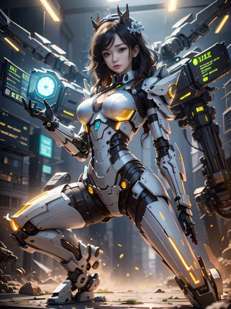 (Best Quality)), ((Masterpiece)), (Very Detailed: 1.3), 3D, Icaru valkirie-mecha, Beautiful cyberpunk woman wearing crown, with master chef style armor, sci-fi technology, HDR (High Dynamic Range), ray tracing, nvidia RTX, super resolution, unreal 5, subsu...