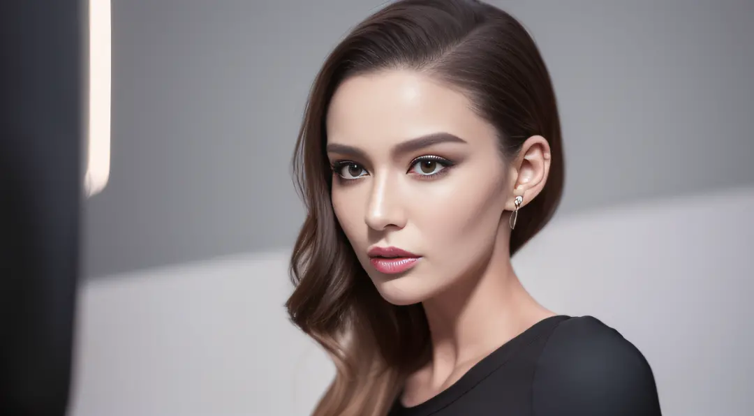 A woman in a black shirt，sharp jawline，Upward contoured face