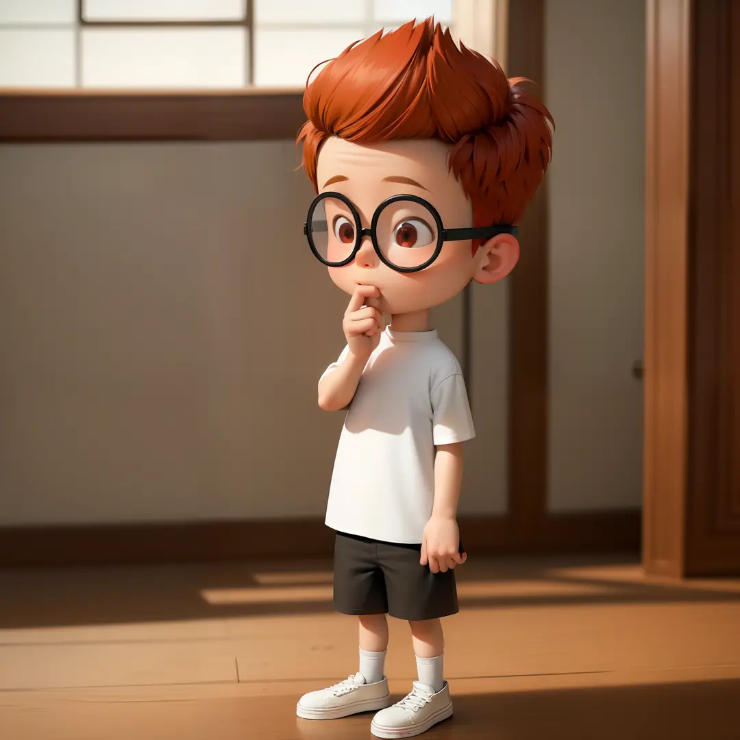 ((masterpiece, best quality)),(complex light), 1boy, full body, solo,child, sherman,red hair,glasses, white shirt, black shorts,