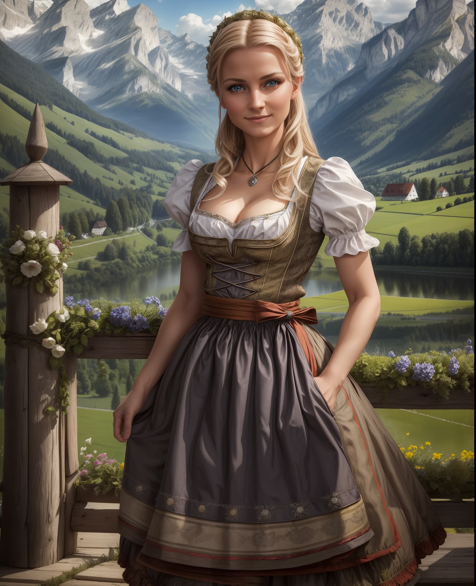 Masterpiece, absurdres, fine detail, HDR, highly detailed face and eyes, photorealistic, dirndl, a woman in traditional bavarian dress poses for a picture , german woman, wearing a dirndl,