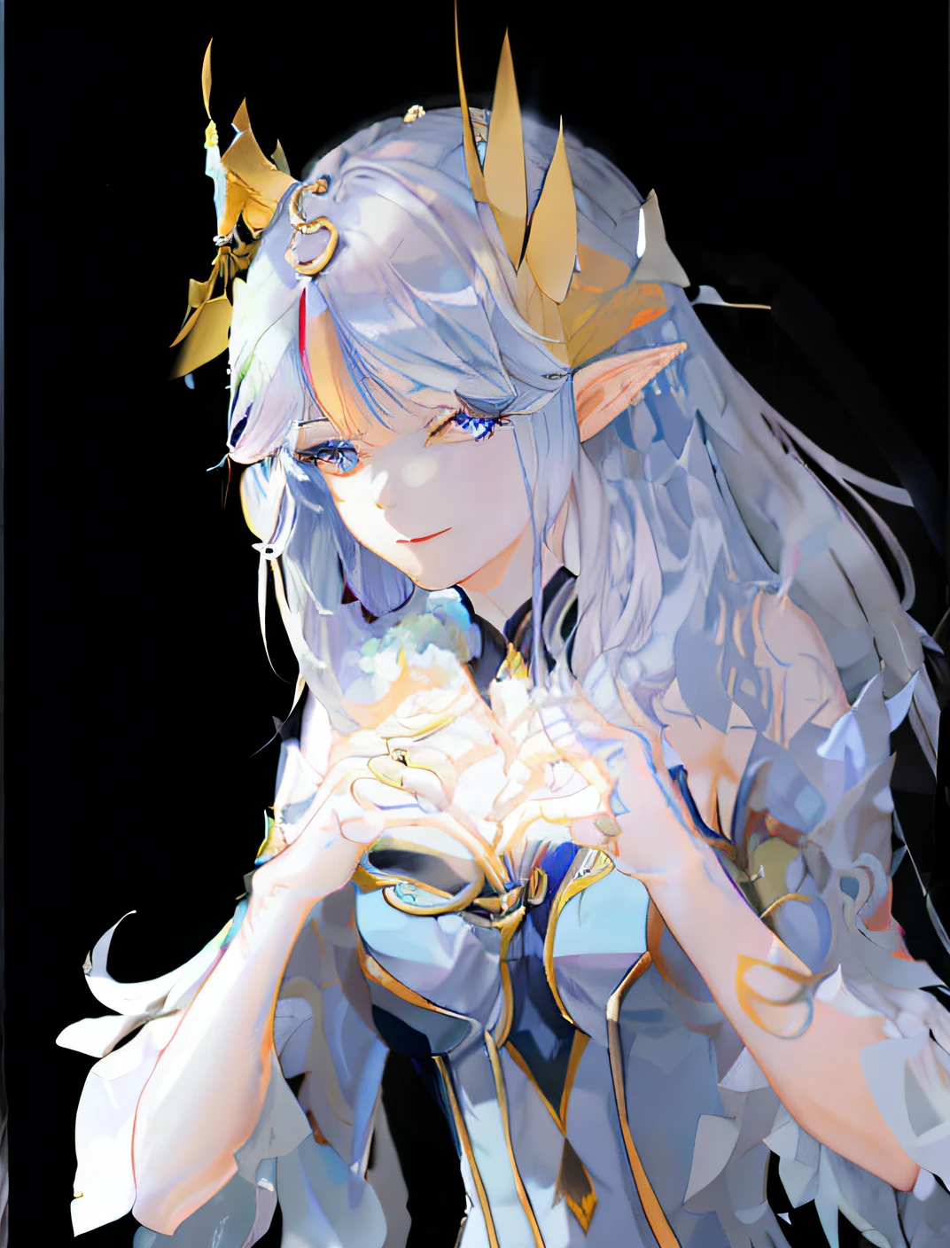 anime girl with blue hair and a crown on her head, Portrait Chevaliers du Zodiaque Fille, alluring elf princess knight, An elf queen, portrait of an elf queen, white-haired god, beautiful and elegant elf queen, knights of zodiac girl, she has elf ears and gold eyes, fairy queen, ((a beautiful fantasy empress)), elf princess knight, Elf Princess，hands crossed