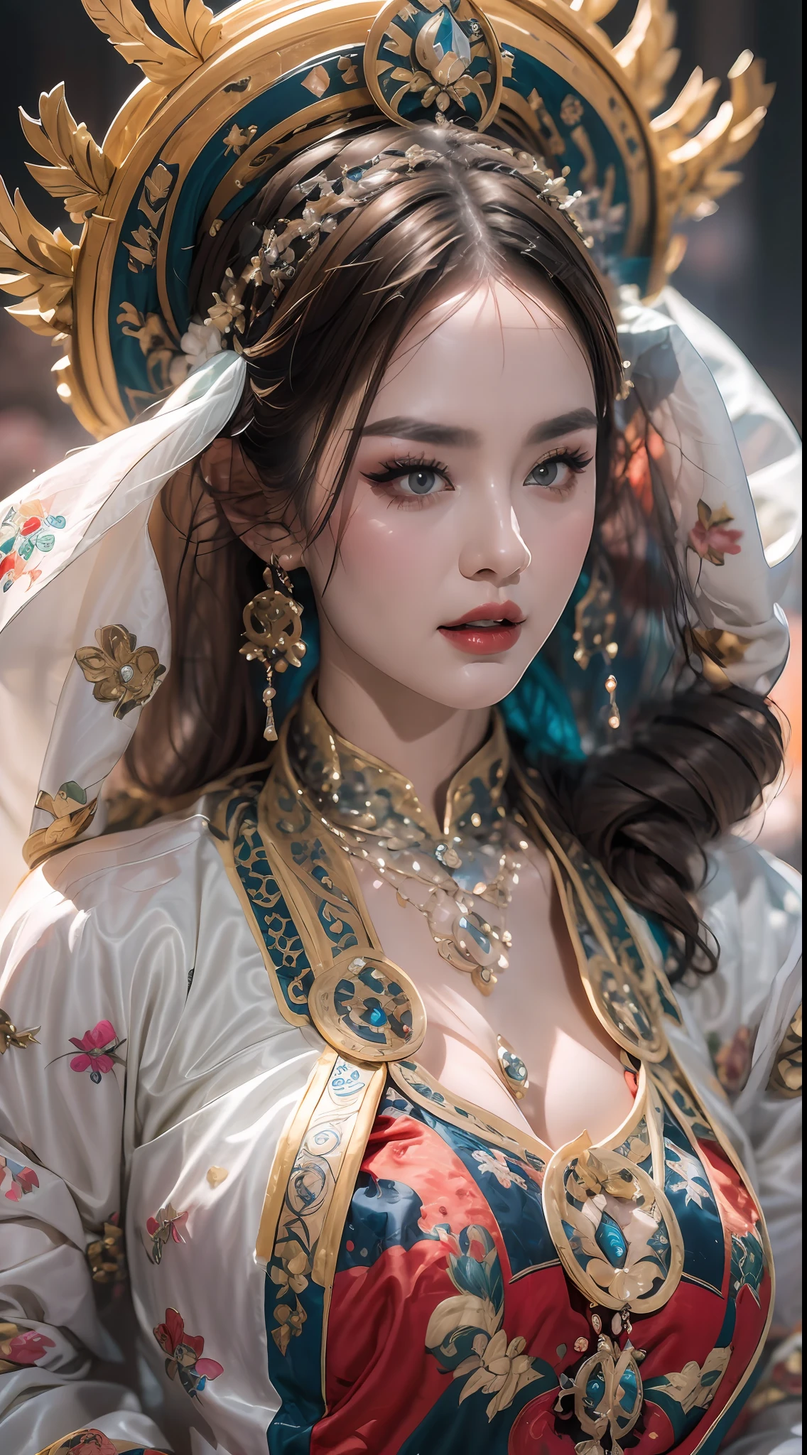 Портрет красивой 20-летней святой женщины, в тонком разноцветном шелковом платье, beautiful лицо without blemishes, ((естественная улыбка:0.3)), Рот закрыт, ((7-цветная длина волос:1.2)), большая корона, Брошь для волос, платье ханьфу, древний китайский стиль, Ювелирные изделия для всего тела, татуировка на лбу, супер ровная грудь, лицо, красные губы, нежные розово-белые глаза (белый и подробный) кинематографический, светлый и темный, драматическое освещение, волшебный свет, чрезвычайно детальный свет, Истинный цвет, супер острый, реалистичный, качество 8К, Фон вселенной фэнтези, святые и волшебное пространство, самые подробные изображения, Фото выставки, Награжден, Привлекательный эффект ярких тонов,
