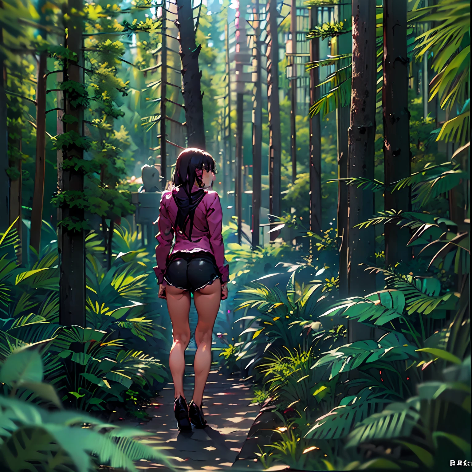 hot girl, no pants, black panties, in forest, view on butt