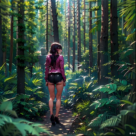 hot girl, no pants, black panties, in forest, view on butt