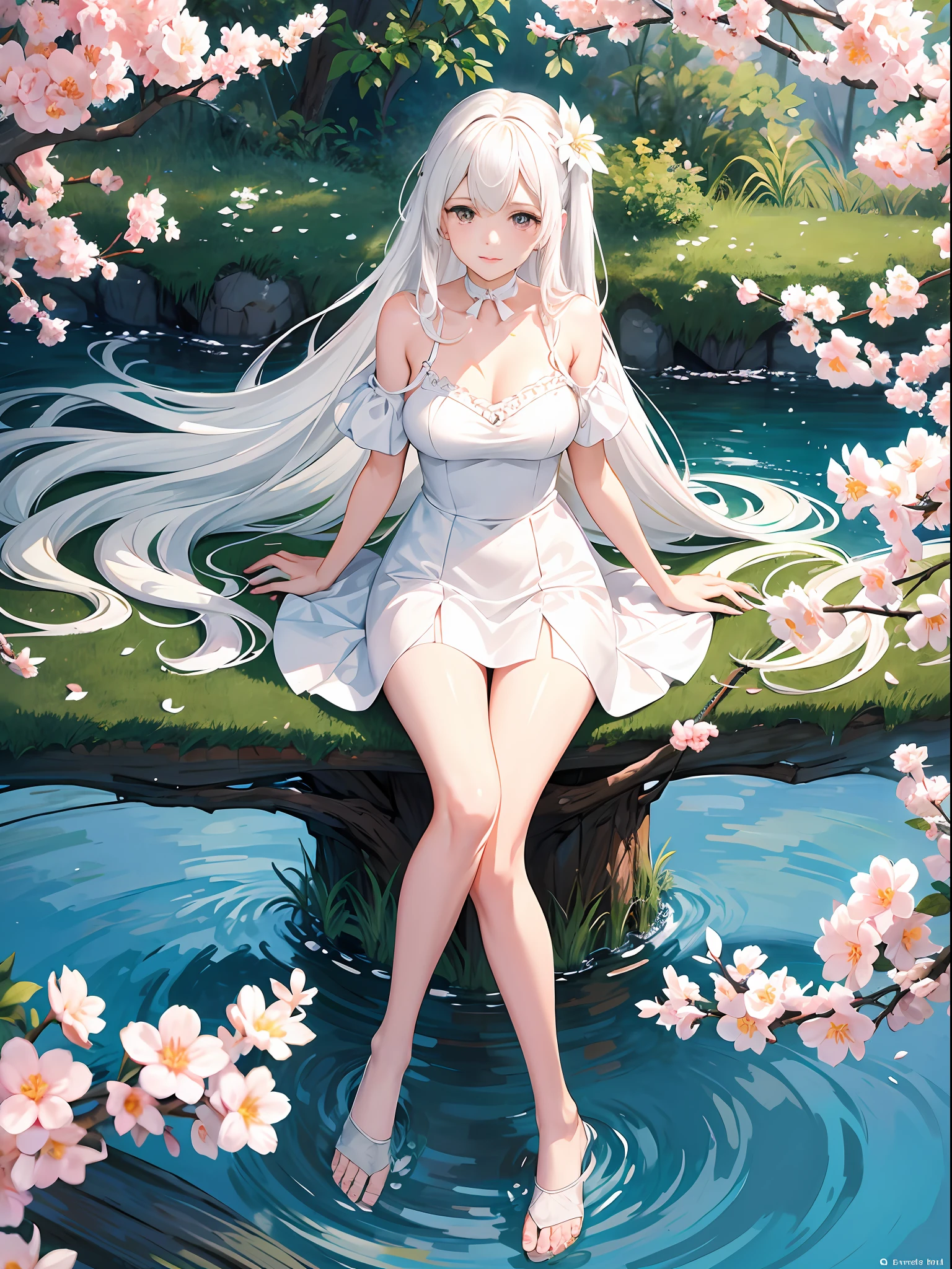 一個動漫女孩 ，是完美的臉，白色的頭髮，坐在樹上，穿著白色洋裝的女性風格形象, 赤腳的，細腿，白絲襪，手裡拿著一把扇子，週邊桃花盛開，花瓣在風中飄揚，桃花、水池作為背景