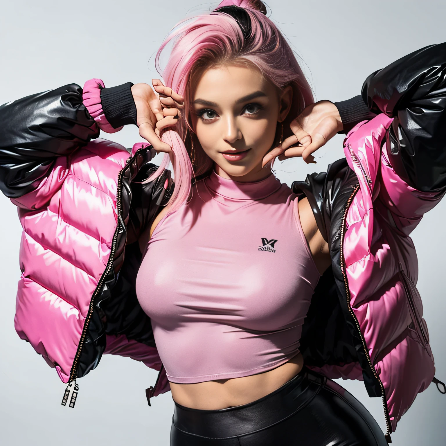 beautiful 18 year old woman, wearing (( extremely tight silk puffer coat )),   smiling,  masterpiece,  best quality, ulzzang, best face, massive file size, perfect body, perfect face, full body picture, silk leggings, (dyed pink hair)