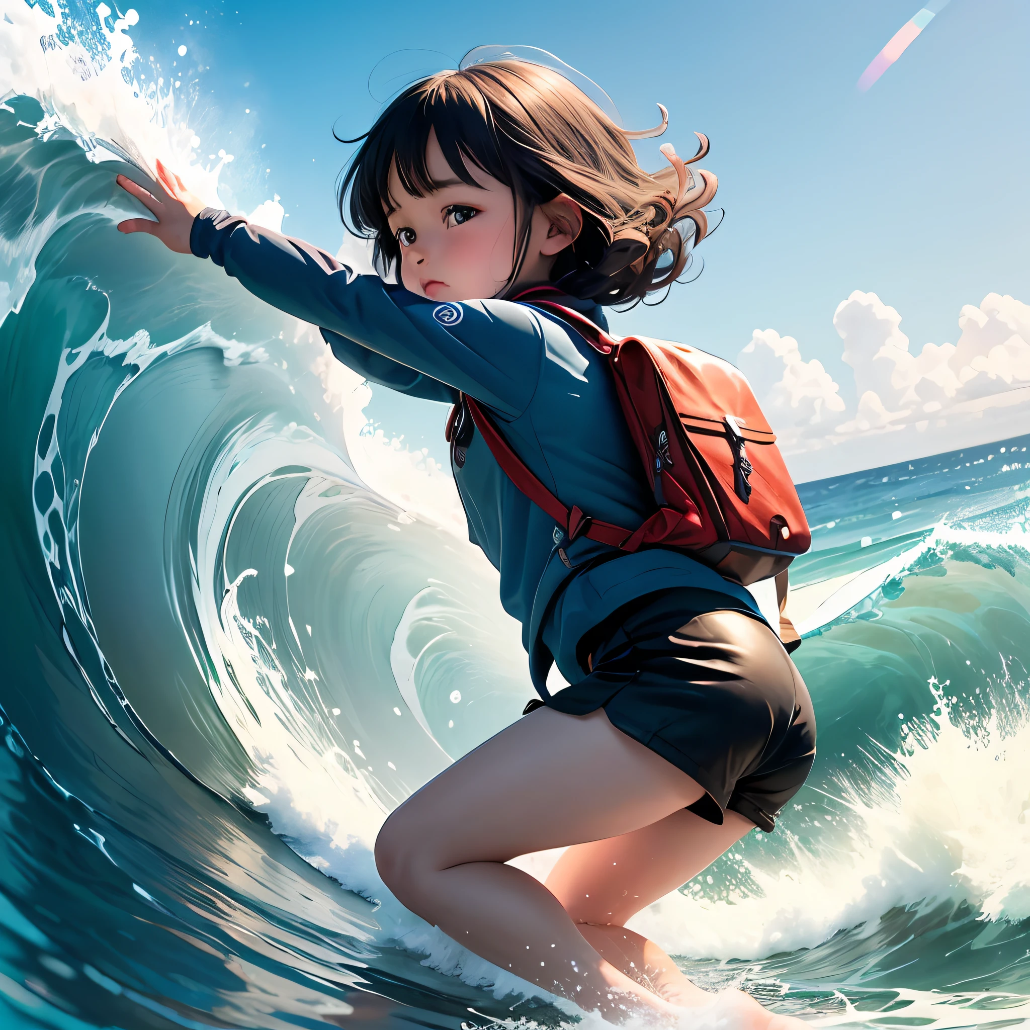 Anime girl surfing on a wave in the ocean with a backpack - SeaArt AI