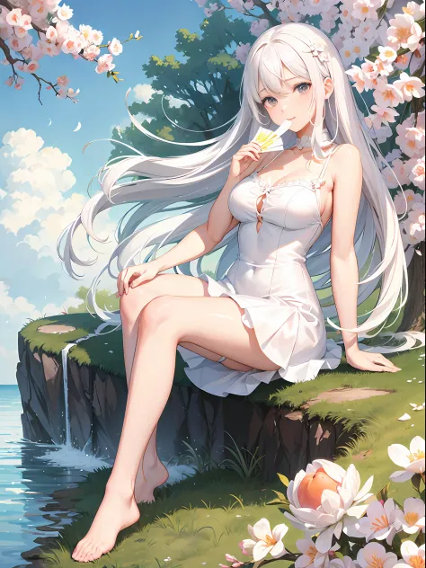 An anime girl ，s the perfect face，White hair，Sit on a tree，Image of woman style in white dress, The barefoot，Slim legs，white sto...