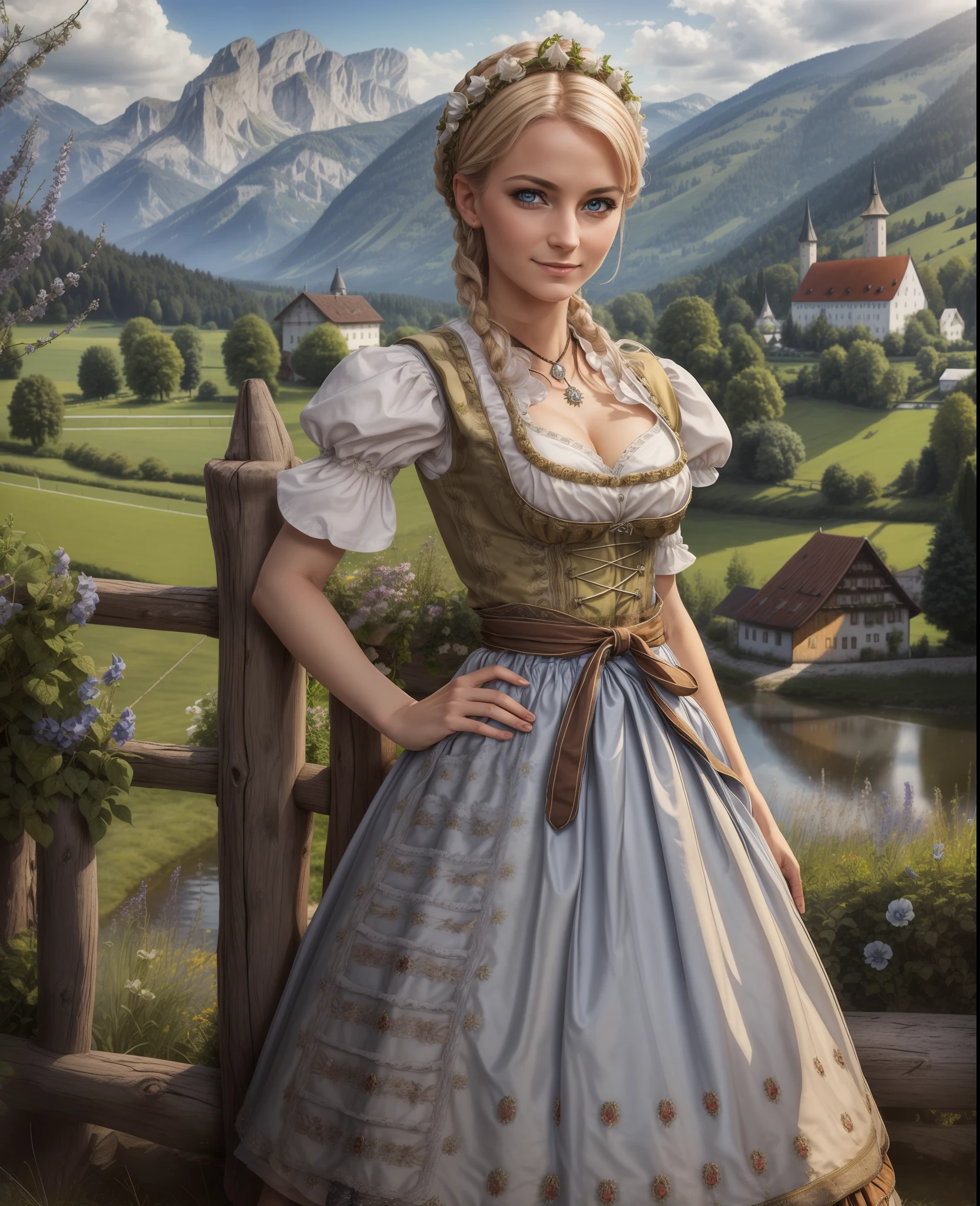 Masterpiece, absurdres, fine detail, HDR, highly detailed face and eyes, photorealistic, dirndl, a woman in traditional bavarian dress Standing poses for a picture , german woman, wearing a dirndl,