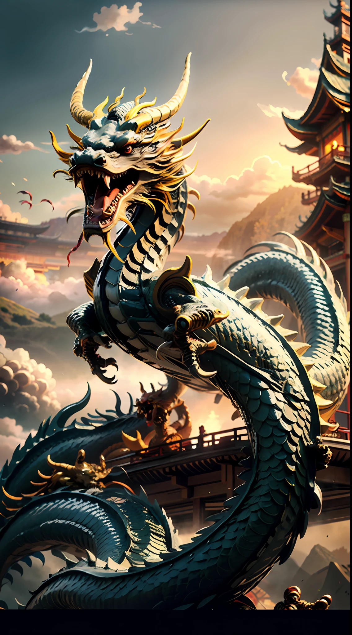 （（best qualtiy））， （（tmasterpiece））， （A detailed），in a panoramic view，Chinese loong，mythological beasts，photorealestic，mito，chinesedragon，Quaint，Bio mech， perched on a cloud，Chinese architecture，mistic，Homem-Imponente