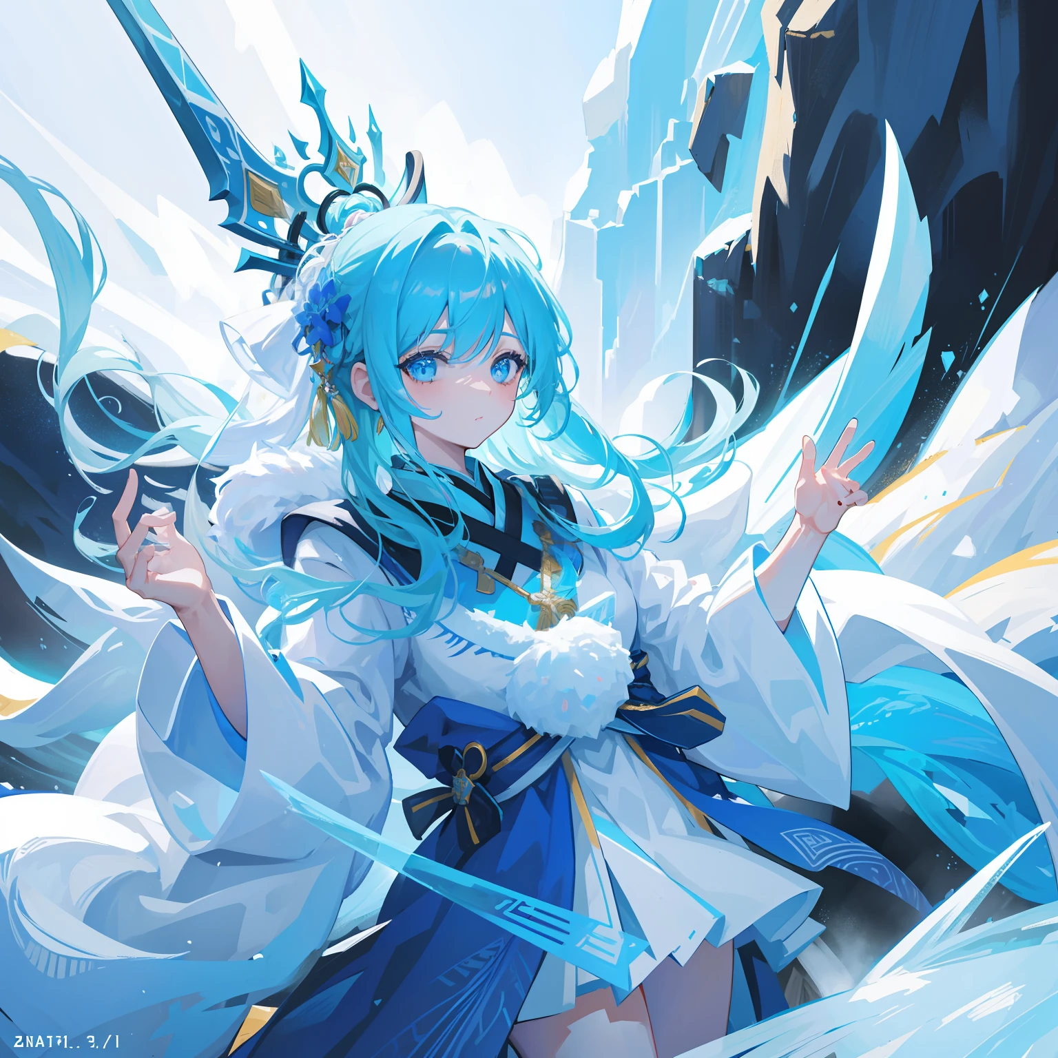 （tmasterpiece：1.2），best qualityer，best detail，Mythological elements，The background is magnificent，Ice，Hitaki，Heavy snow is falling，Continuous glaciers，Confident girl with long ice blue hair，Hold the sword in both hands，Wear traditional Chinese luxury clothing，（Hands are normal）