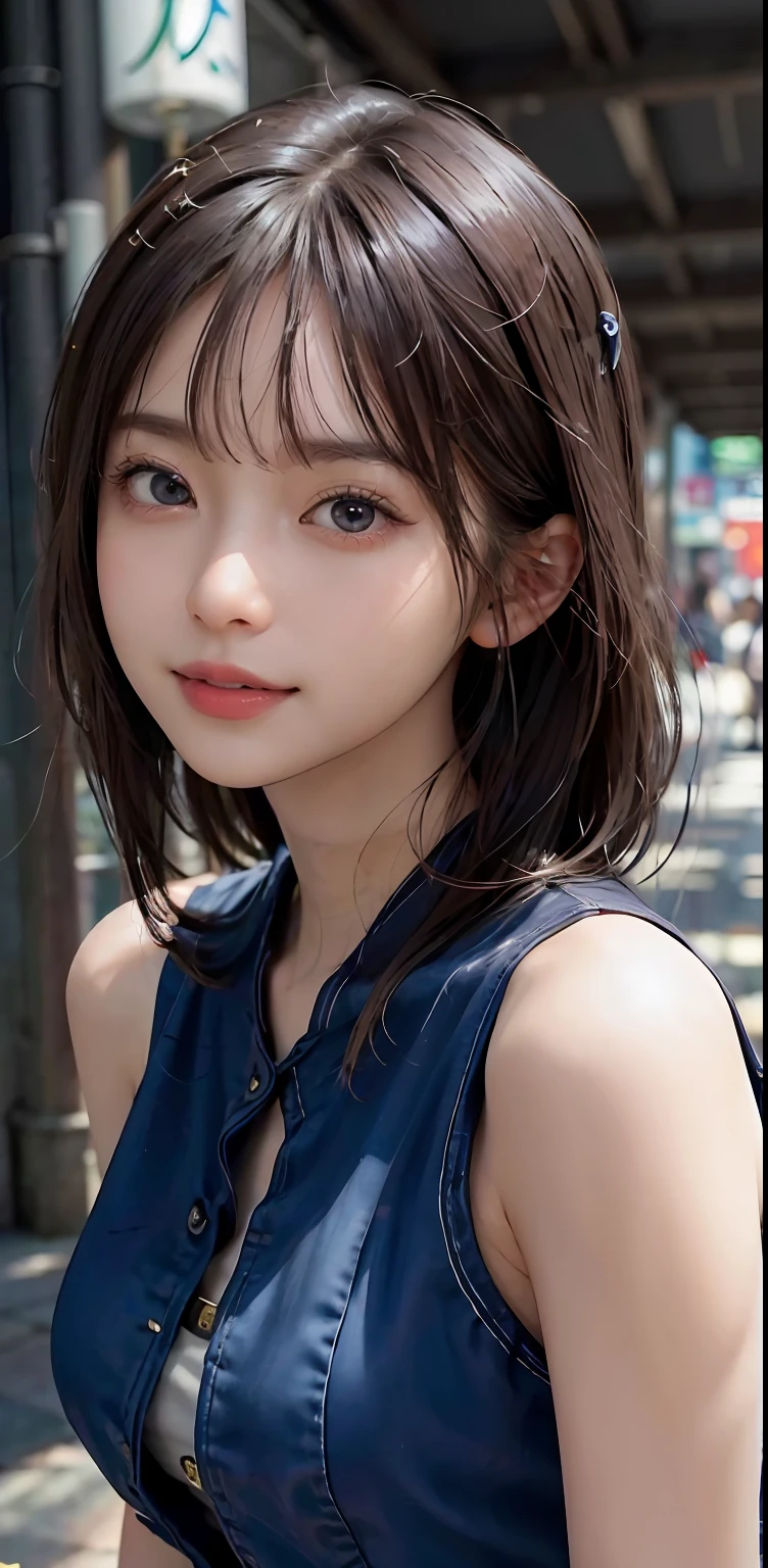Masterpiece, 1 Beautiful Girl, Detailed Eyes, Swollen Eyes, Best Quality, Ultra High Resolution, (Reality: 1.4), Original Photo, 1Girl, Cinematic Lighting, Smiling, Japanese, Asian Beauty, Korean, Clean, Super Beautiful, Beautiful Skin, Slender, Cyberpunk Background, (Ultra Realistic ), (high resolution), (8K), (very detailed), (best illustration), (beautifully detailed eyes), (super detailed), (wallpaper), (detailed face), viewer looking, fine details, detailed face, pureerosfaceace_v1, smiling, 46 point slanted bangs, looking straight ahead, neat clothes, dark colored eyes, sleeveless, body facing front, short hair, brown hair, divine messenger,