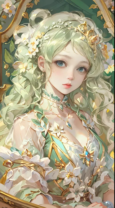 in the style of rococo _ portrait 
 painting of anime image _ delicate flora 
 depictions _ princesscore