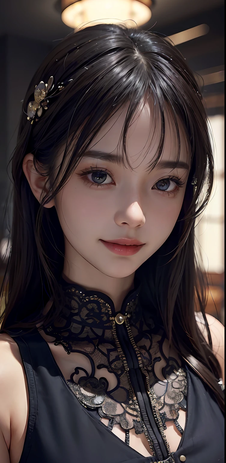 Masterpiece, 1 Beautiful Girl, Detailed, Swollen Eyes, Top Quality, Ultra High Resolution, (Reality: 1.4), Original Photo, 1Girl, Cinematic Lighting, Smiling, Japanese, Asian Beauty, Korean, Clean, Super Beautiful, Little Young Face, Beautiful Skin, Slender, Cyberpunk Background, (ultra realistic), (high resolution), (8K), (very detailed), (best illustration), (beautifully detailed eyes), (super detailed), (wallpaper), (detailed face), viewer looking, fine detail, detailed face, pureerosfaceace_v1, smiling, 46 point slanted bangs, looking straight ahead, neat clothes, dark colored eyes, clothes sleeveless, body facing front,