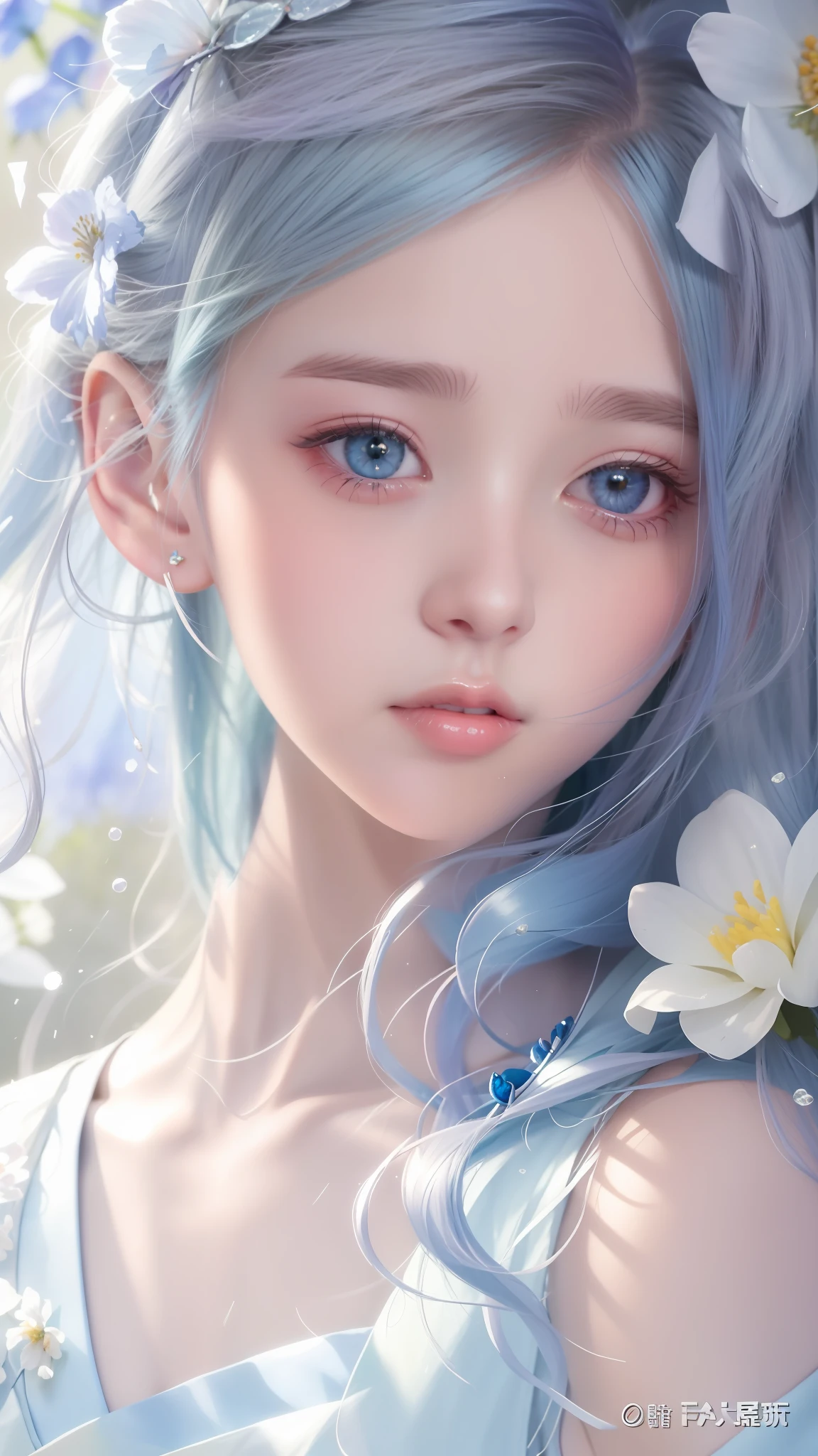 Close de uma garota com cabelo azul e flores no cabelo, lindo anime girl, lindo anime face, Um lindo retrato de anime, impressionante retrato de rosto de anime, lindo anime woman, linda garota de anime, lindo anime, lindo anime style, Rosto de anime natural fofo, jovem anime realista, retrato detalhado de uma garota de anime, Rosto bonito e delicado, linda cara de anime, menina com cabelo branco,,16k,Rosto delicado e brilhante，muito limpo