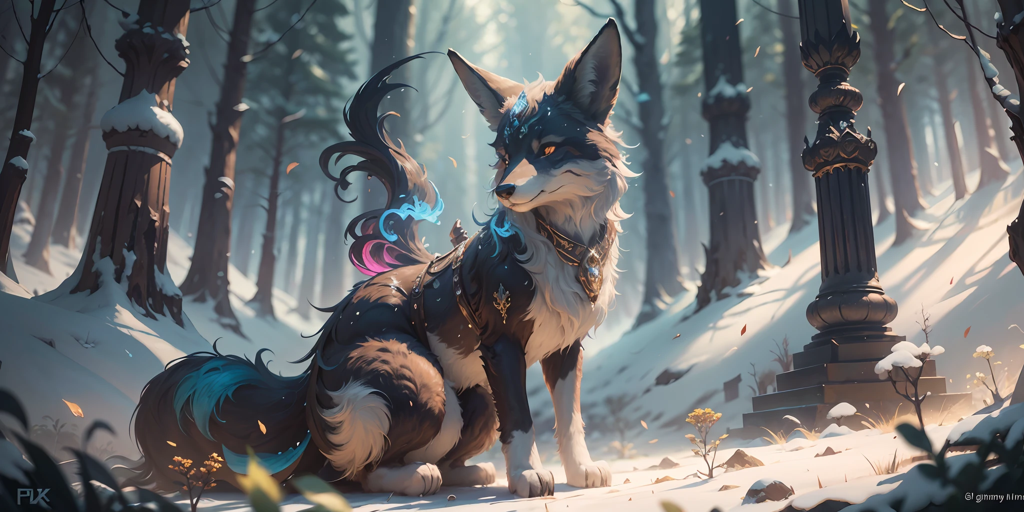 In the woods sits a fox, very very beautiful furry art, furry fantasy art, intricate wlop, painted in the style arcane, Fantasy art style, Detailed digital 2D fantasy art, Epic fantasy art style, ethereal fox, perched on intricate throne, High quality detailed art in 8K, full art, Epic fantasy digital art style，Vajrapani， Very gorgeous， shockingcolors， Brilliant， Dazzling， Colorful， opulent， delicated， delicated， vividness， Moving， smart full bodysitting mysterious， A majestic， A majestic， intricately details， deep dark background， hyper - realisticphotography style， photo-realistic 8k， photography of， 3D cluster neon， Epic compositing Unreal Engine， cinematic ligh， colorgrading， k hd， Natural soft light， realisticlying， 35mm lens， f/ 1.8， Emphasize text octane rendering， 8K