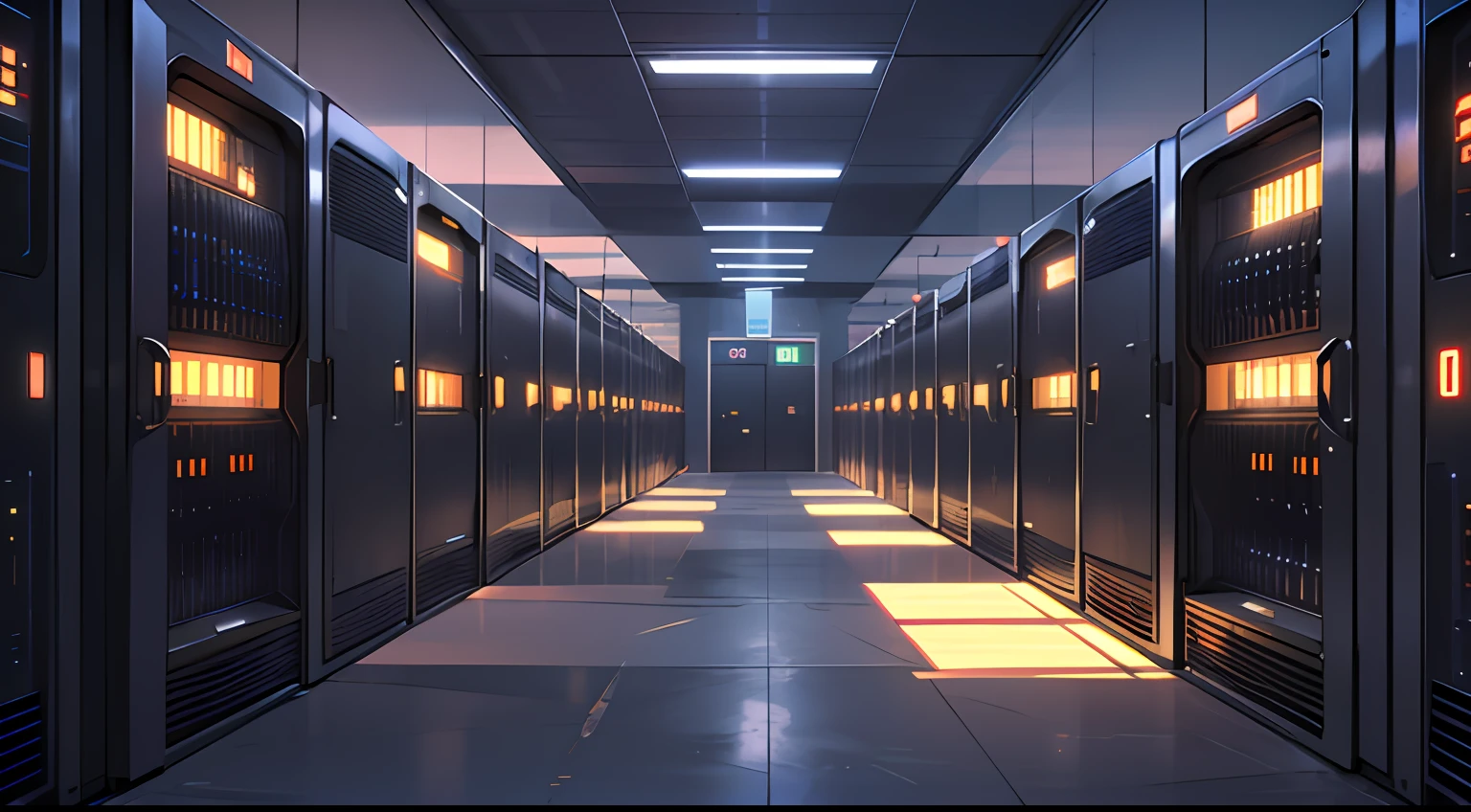 um corredor mal iluminado com fileiras de dados e telas de computador, o plano de fundo é a sala do servidor de dados, invadindo o mainframe, espaço cibernético, em data center realista, 3840x2160, 3840 x 2160, fundo do corredor da nave espacial, arquitetura cibernética, ciberespaço surreal, em data center detalhado