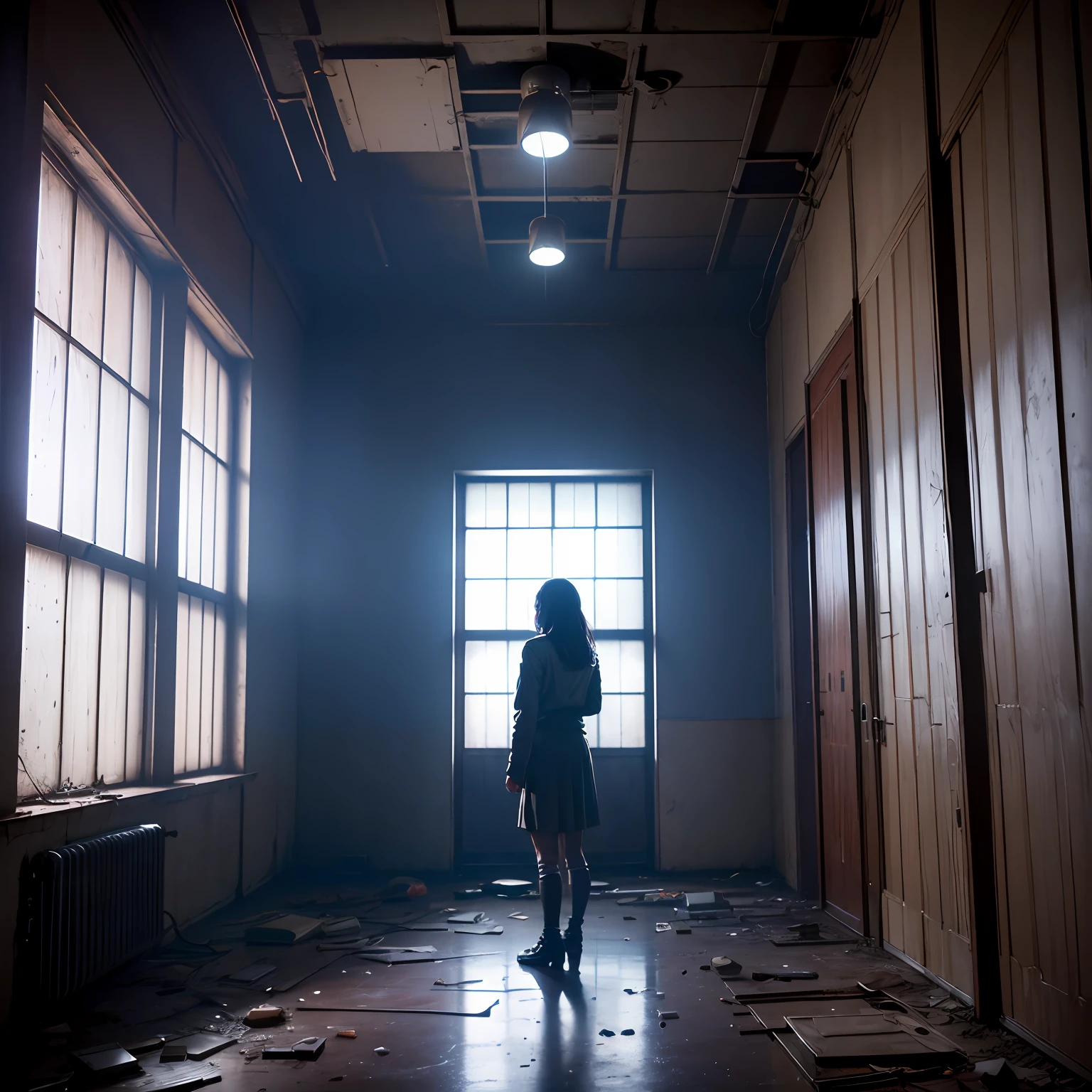 (Best Quality, 巨作), (Inside the abandoned university), K Horror Art, The room has large windows, High contrast cinematic lighting, The unbridled dead silence, dramatic atmosphere, Night with the full moon, Person holding a flashlight.