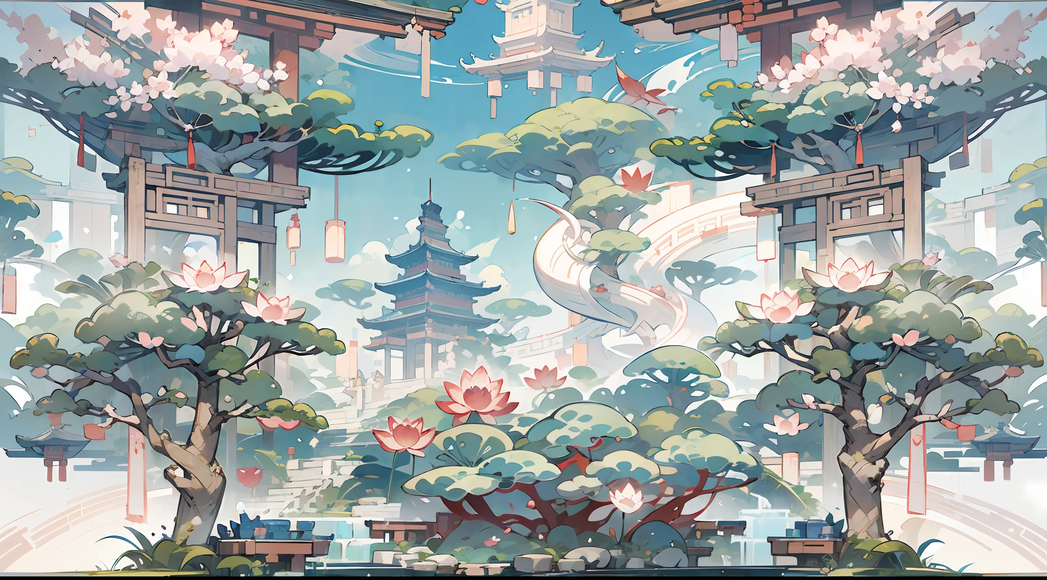 Antique game scene design，big trees，florals，Lotus architecture，Floating table，A blue sky，White cloud，Chinese ink painting OC rendering sculpture