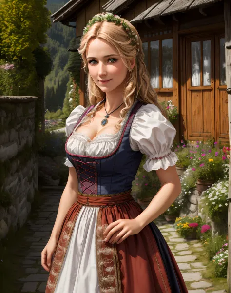 Masterpiece, absurdres, fine detail, HDR, highly detailed face and eyes, photorealistic,  drindl, a woman in traditional bavaria...