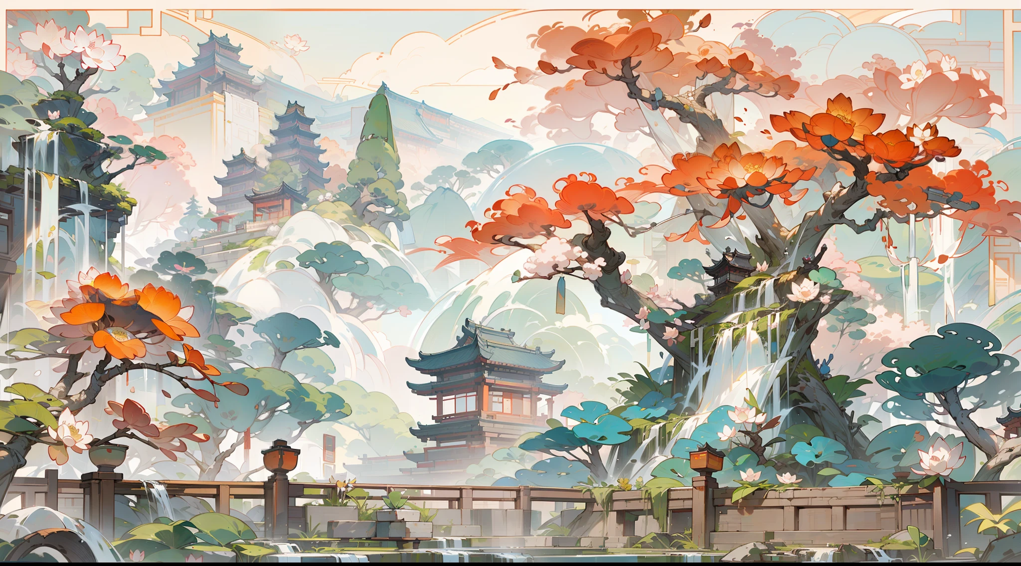 Diseño de escena de juego antiguo.，arboles grandes，florales，Arquitectura de loto，mesa flotante，un cielo azul，nube blanca，Escultura de representación OC de pintura en tinta china