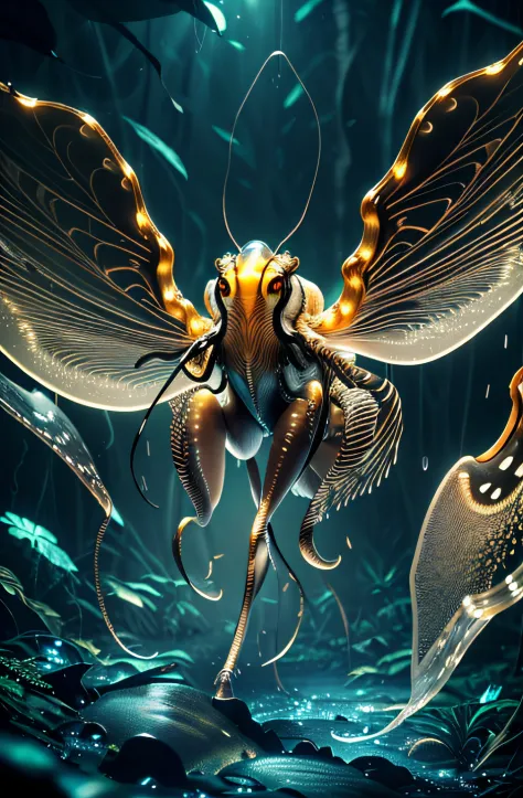 Big six legs creature whith transparent and lighting body, long wings, walking on all six legs, (((cuttlefish head))), ((four ey...